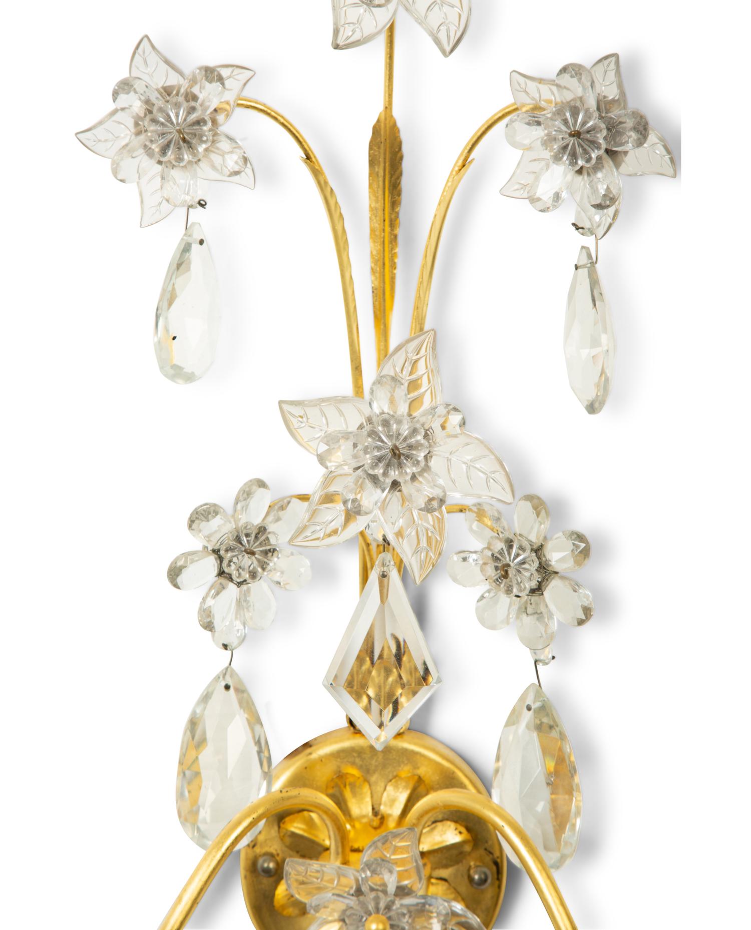 A Pair of French Gilt Metal and Glass Two-Light Wall Sconces