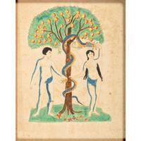 An Adam and Eve Watercolor in Painted Frame