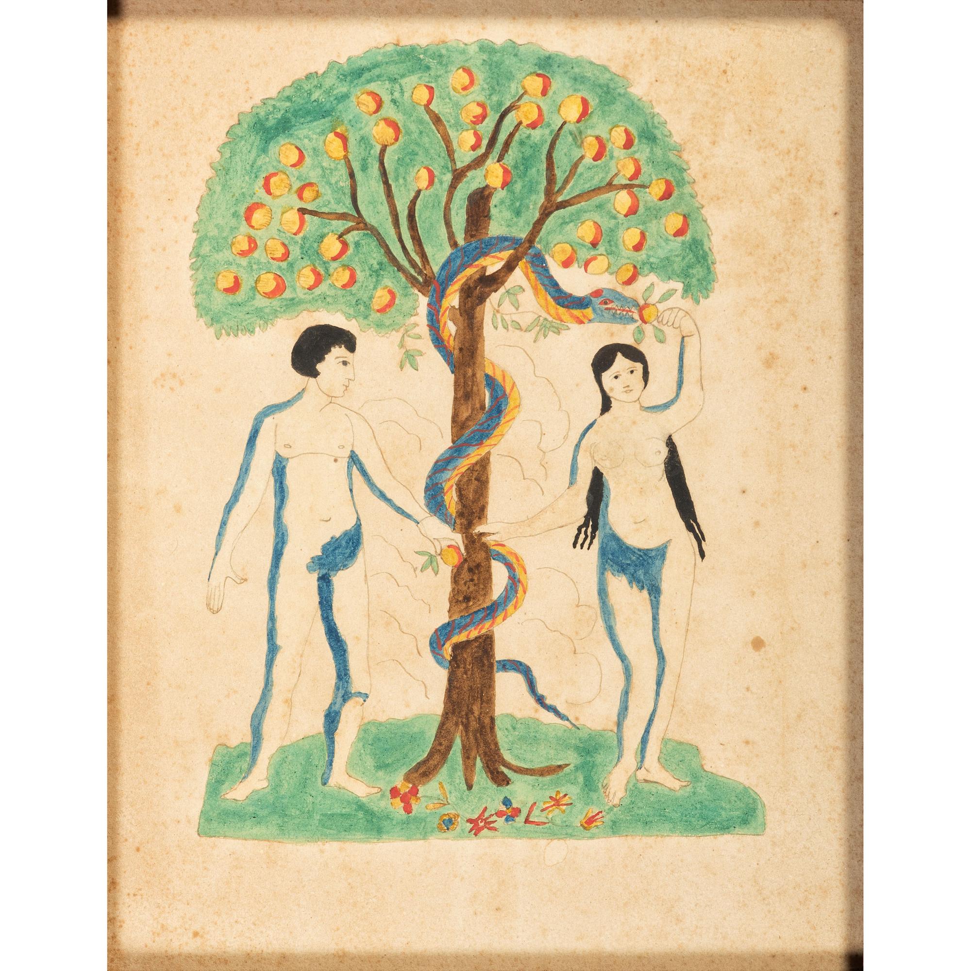 An Adam and Eve Watercolor in Painted Frame