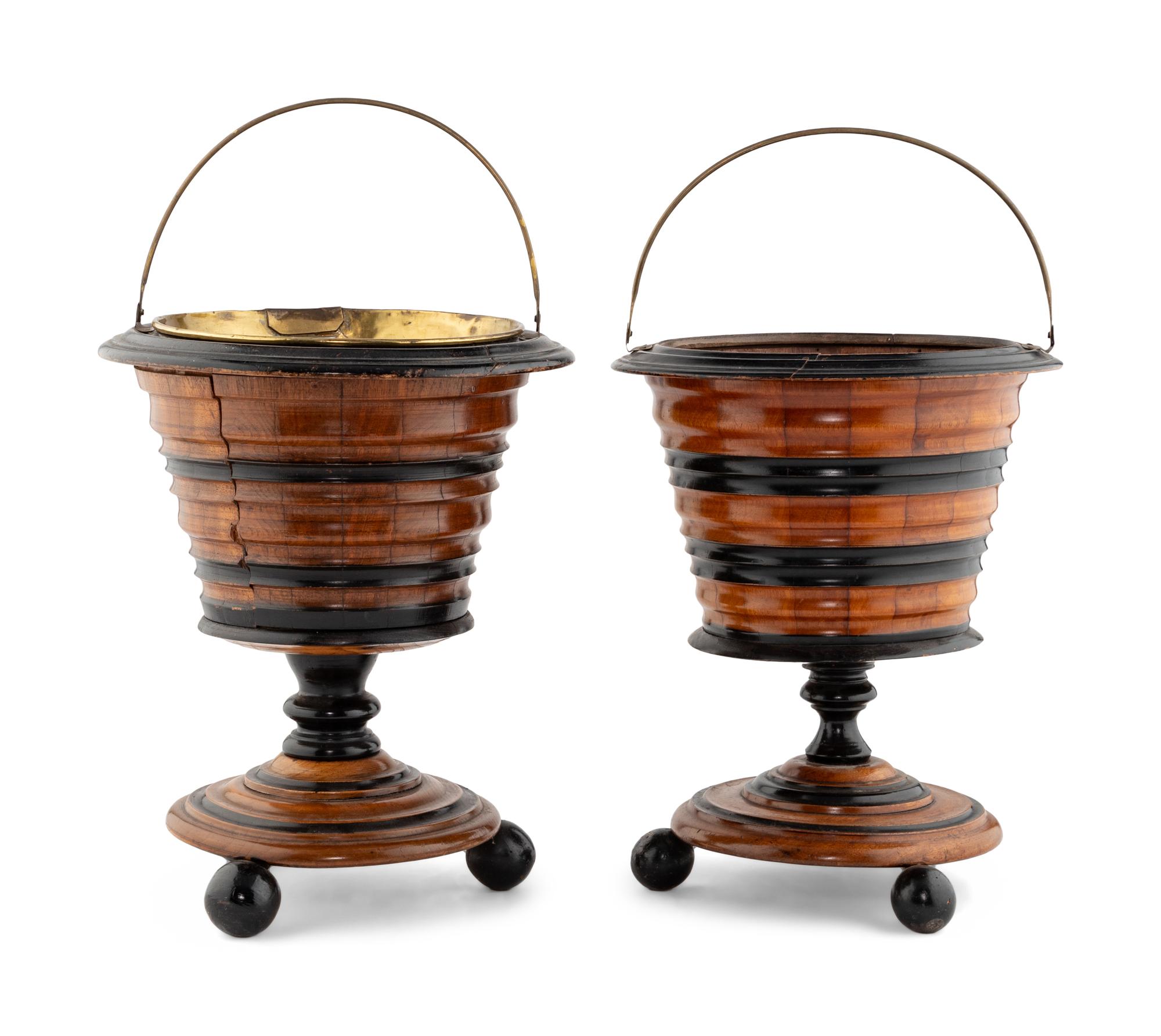 A Near Pair of Dutch Walnut and Part Ebonized Peat Buckets