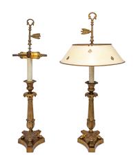 A Pair of Empire Style Gilt Bronze Candlesticks Mounted as Lamps