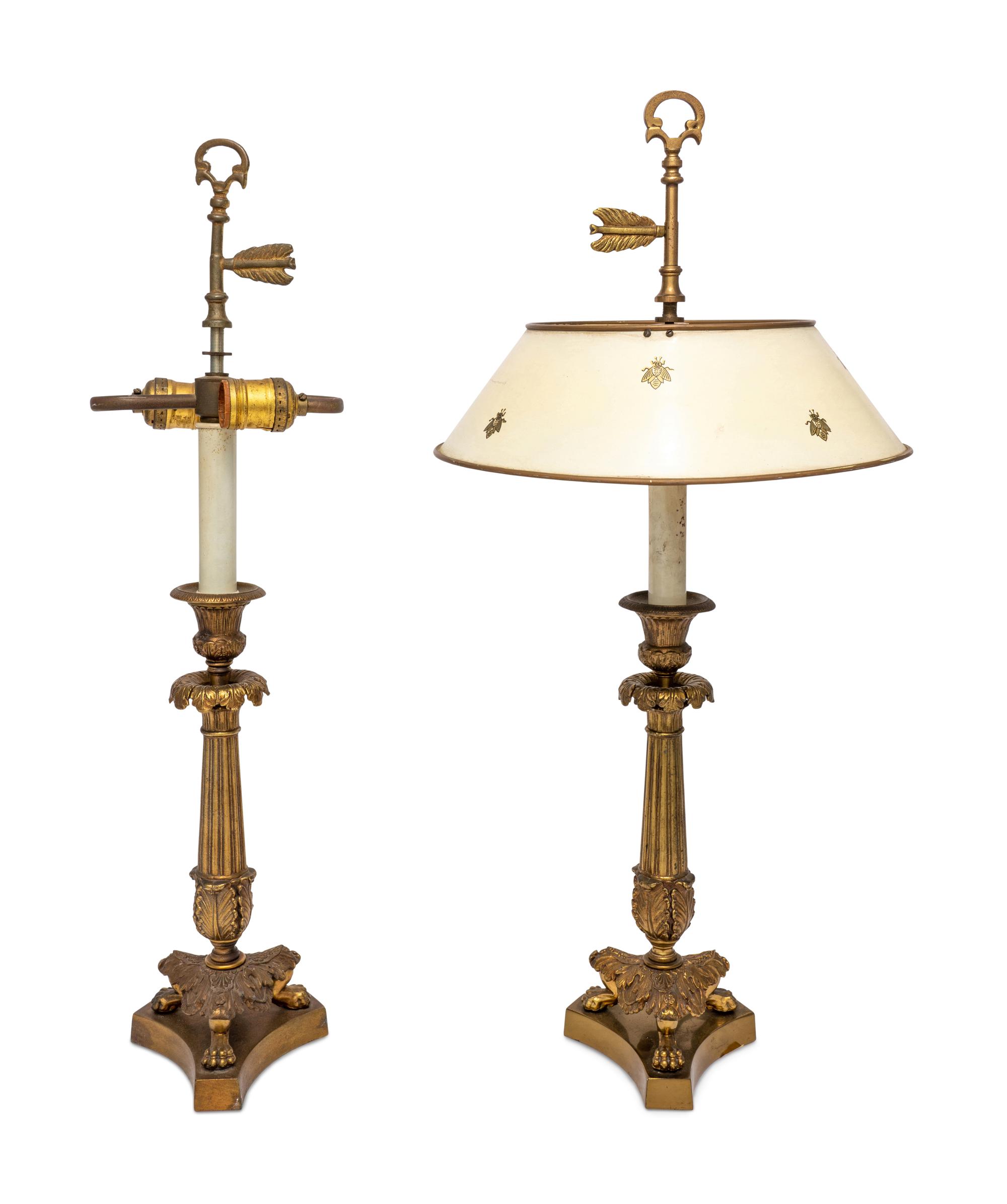 A Pair of Empire Style Gilt Bronze Candlesticks Mounted as Lamps