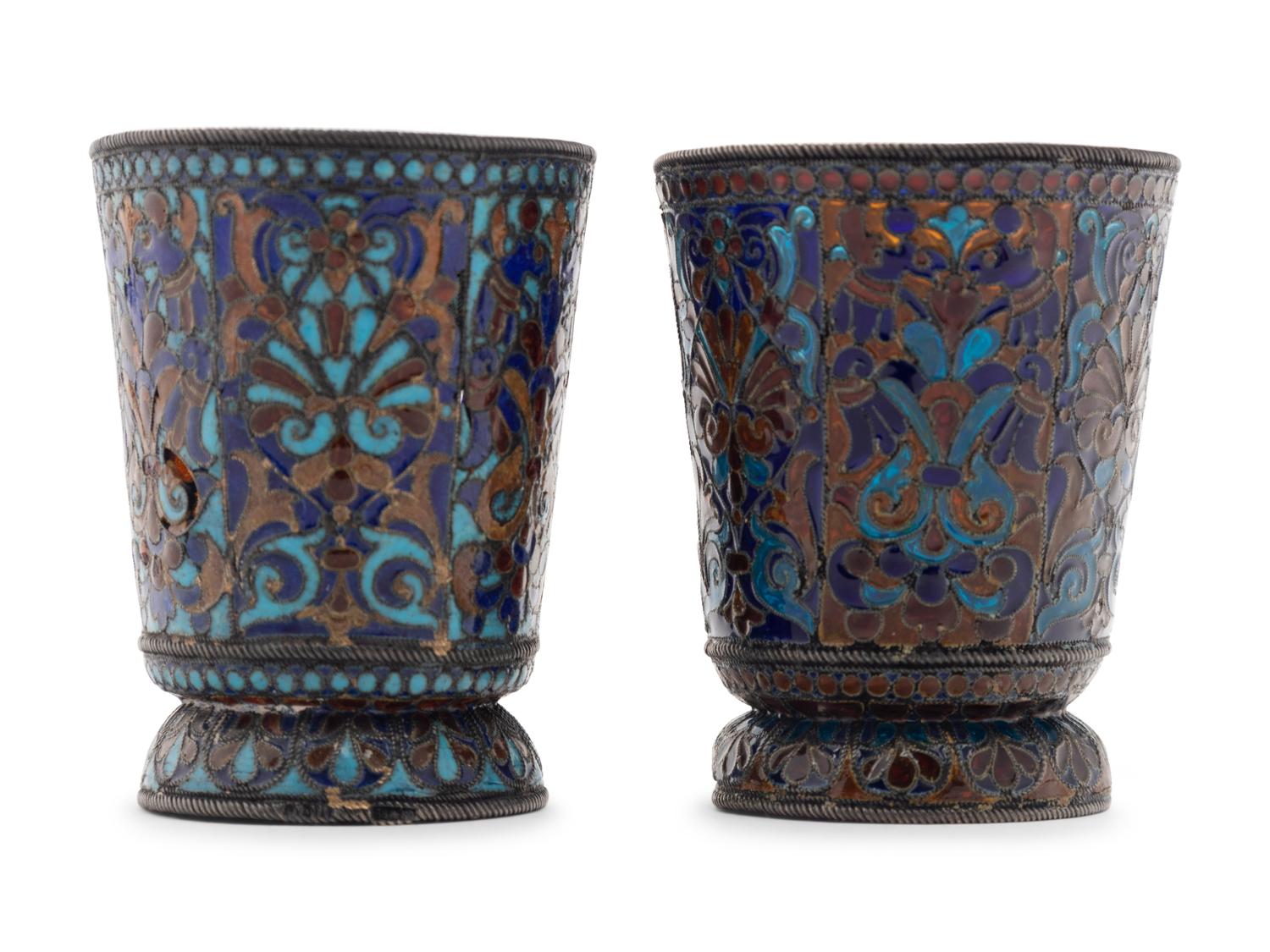 A Pair of Russian Plique-à-Jour Enamel Beakers