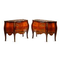 A Pair of Louis XV Style Bookmatch Veneered and Gilt Bronze Mounted Marble-Top Commodes