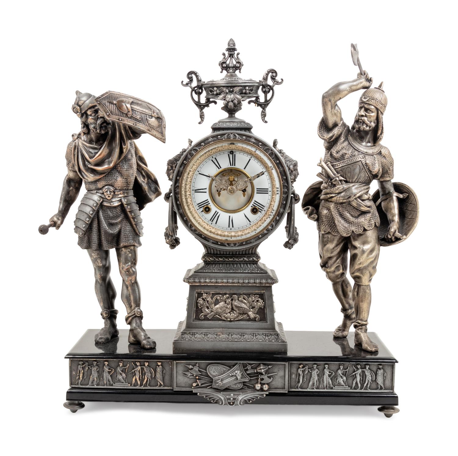An Ansonia Combatants Patinated Metal Mantel Clock