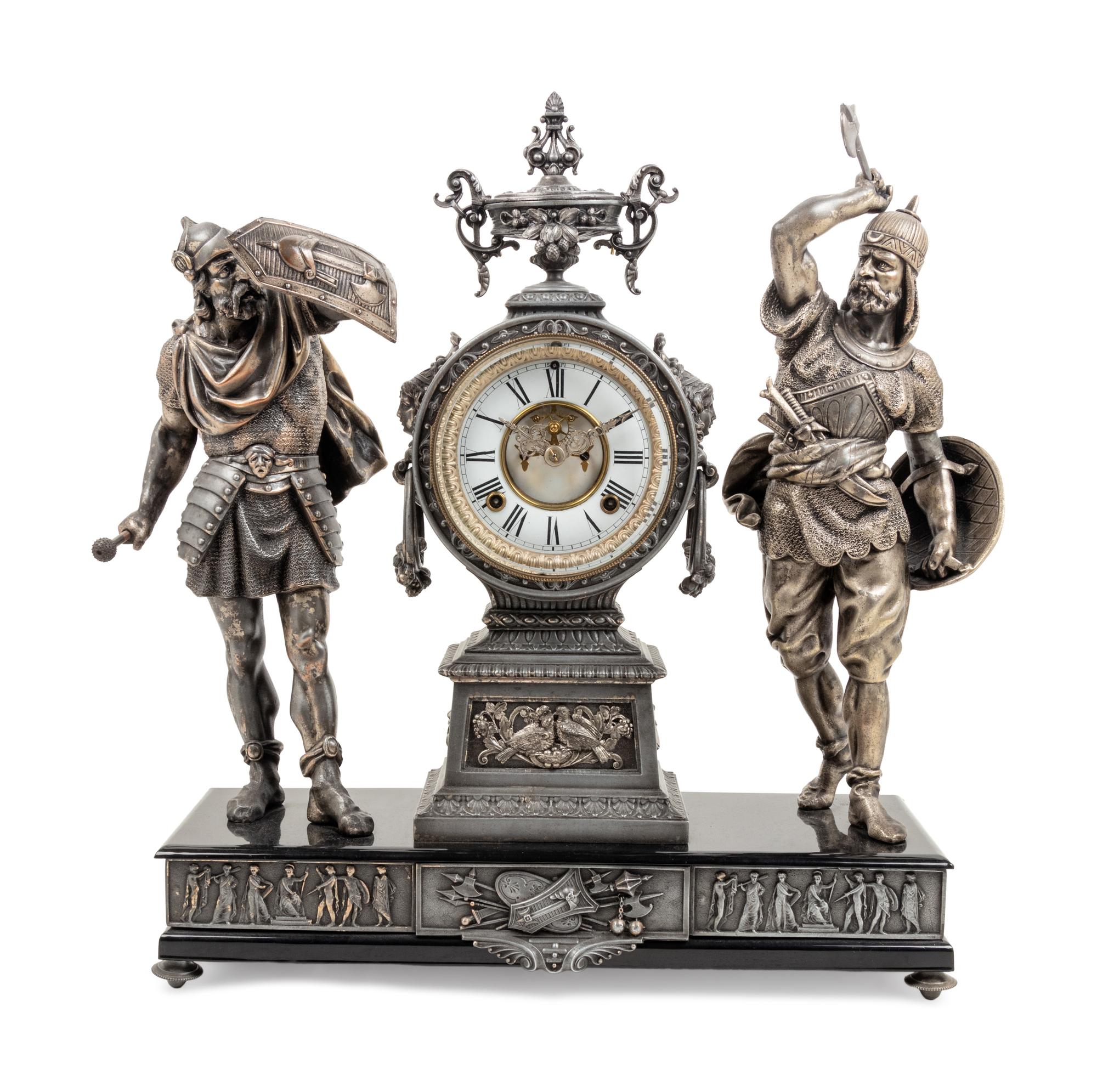 An Ansonia Combatants Patinated Metal Mantel Clock