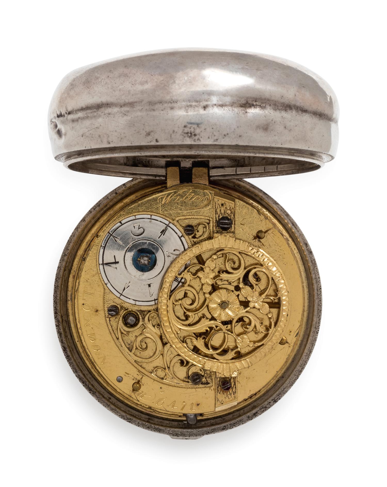 Wilter, London, Silver Pair Cased Open Face Verge Calendar Pocket Watch