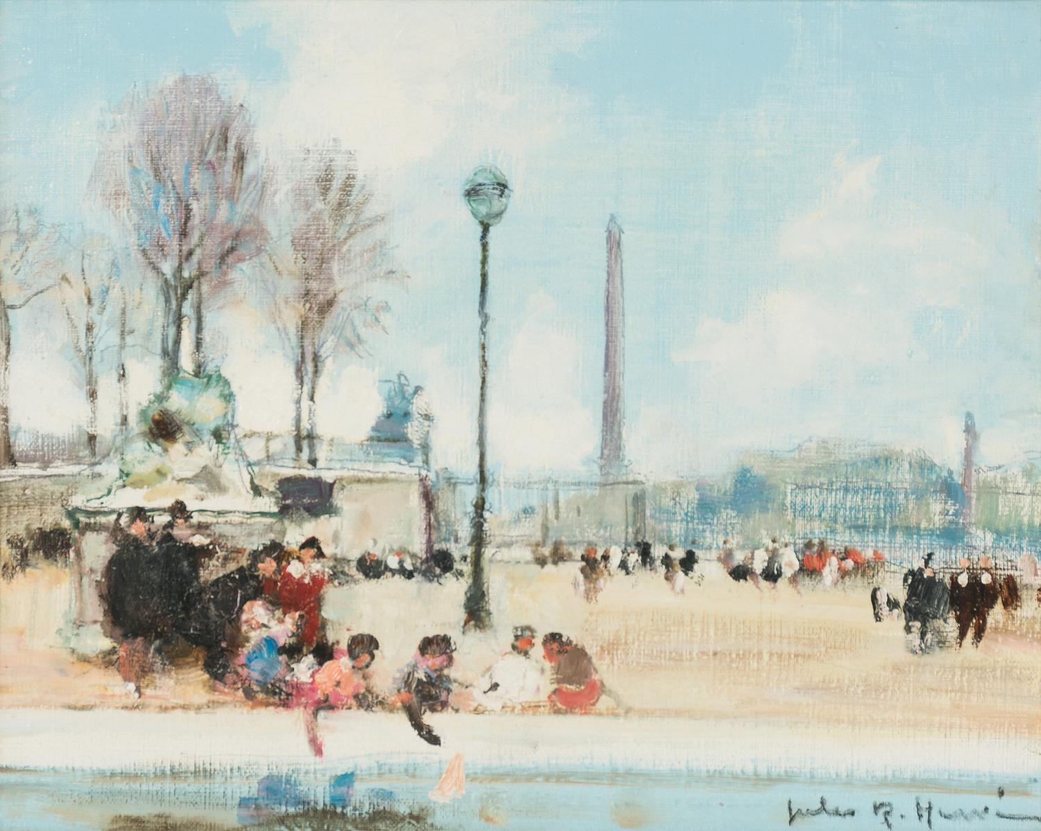 Jules Rene Herve, (French, 1887-1981), Children in the Jardins de Tuileries, with view of Place de la Concorde