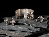 Zuni Silver and Channel Inlay Coral Cuff Bracelet, Ring, and Post Earrings