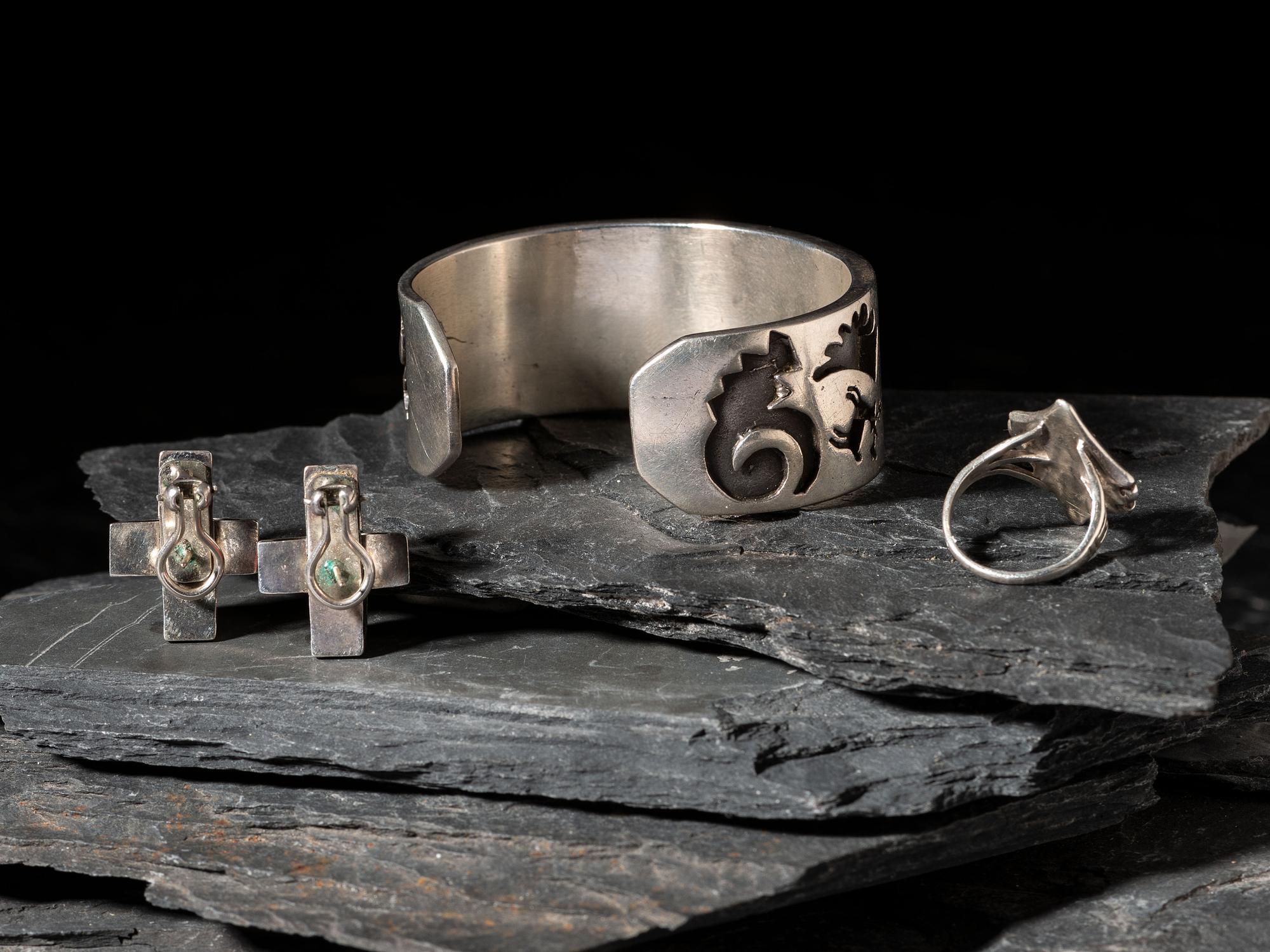 Zuni Silver and Channel Inlay Coral Cuff Bracelet, Ring, and Post Earrings