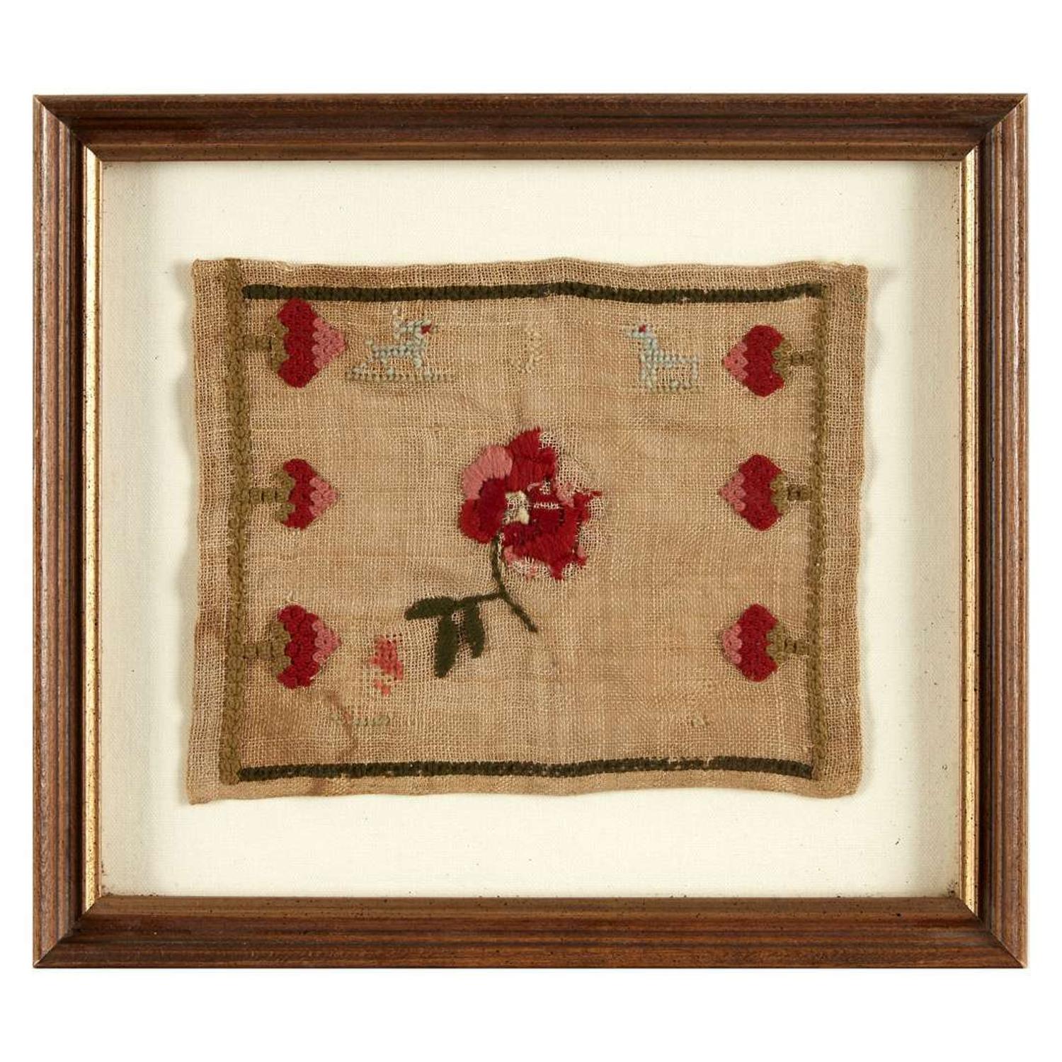Framed floral silk brocade dress fragment and needlework sampler of Dolly Madison, Washington and Clemson Family interest Southern States, early 19th century