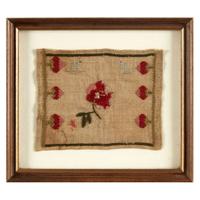 Framed floral silk brocade dress fragment and needlework sampler of Dolly Madison, Washington and Clemson Family interest Southern States, early 19th century