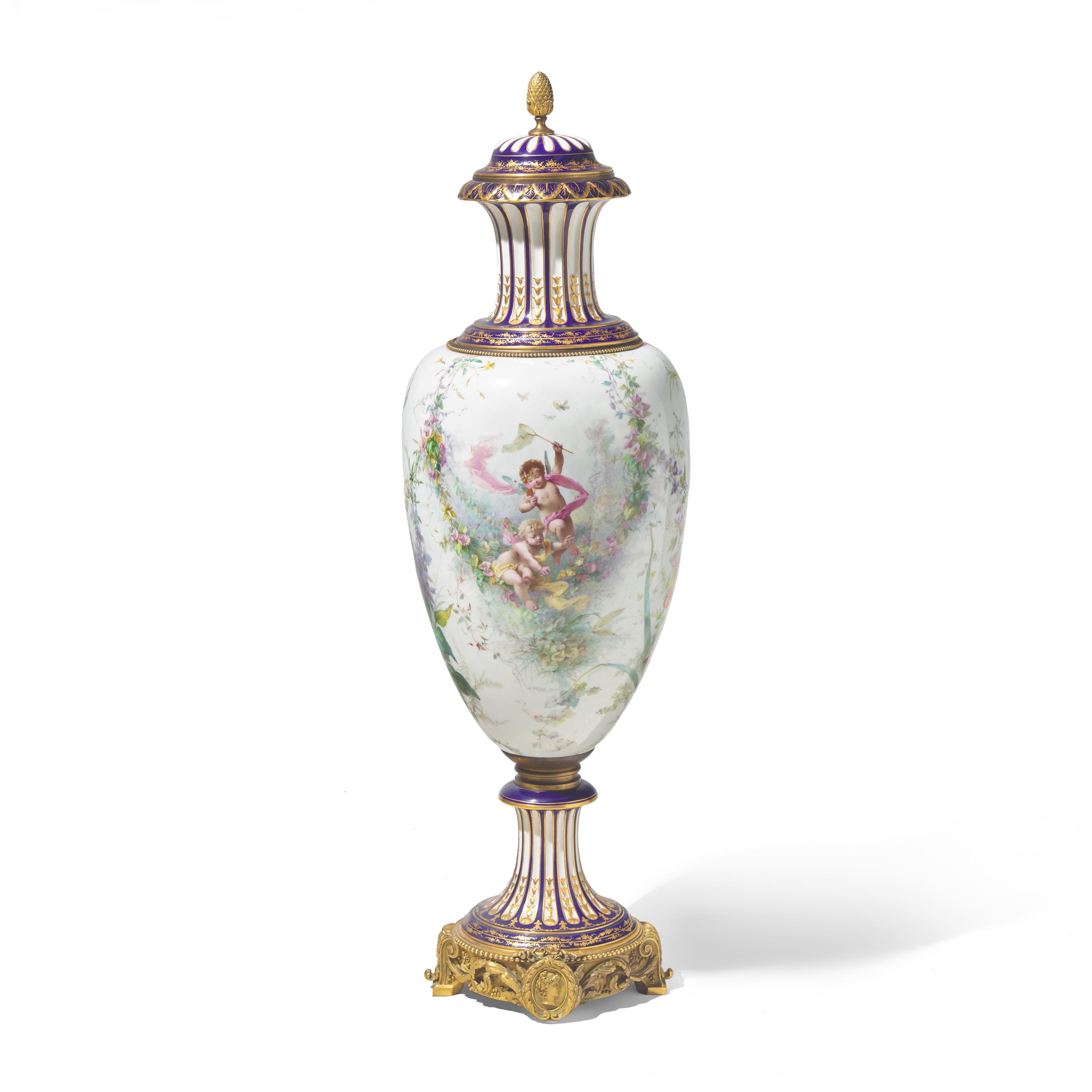 A Large Sévres White-Ground Porcelain and Gilt Bronze Mounted Urn