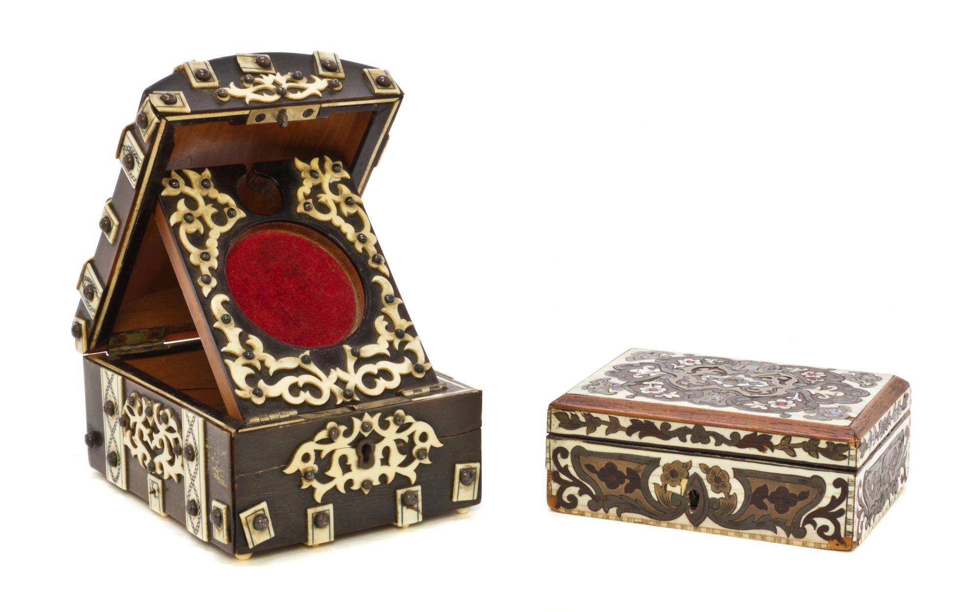 Two Continental Bone Applied or Inset Boxes, Length of first 4 1/4 inches.