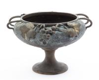 A Japanese Patinated Bronze Jardiniere Height 7 3/4 x width over handles 11 3/4 inches.