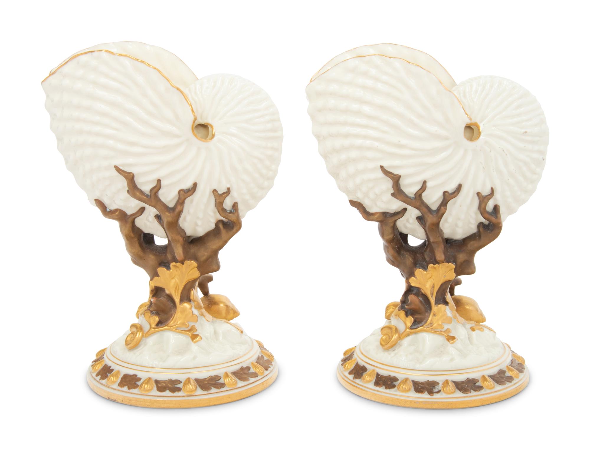A Pair of Royal Worcester Porcelain Nautilus-Form Ornaments