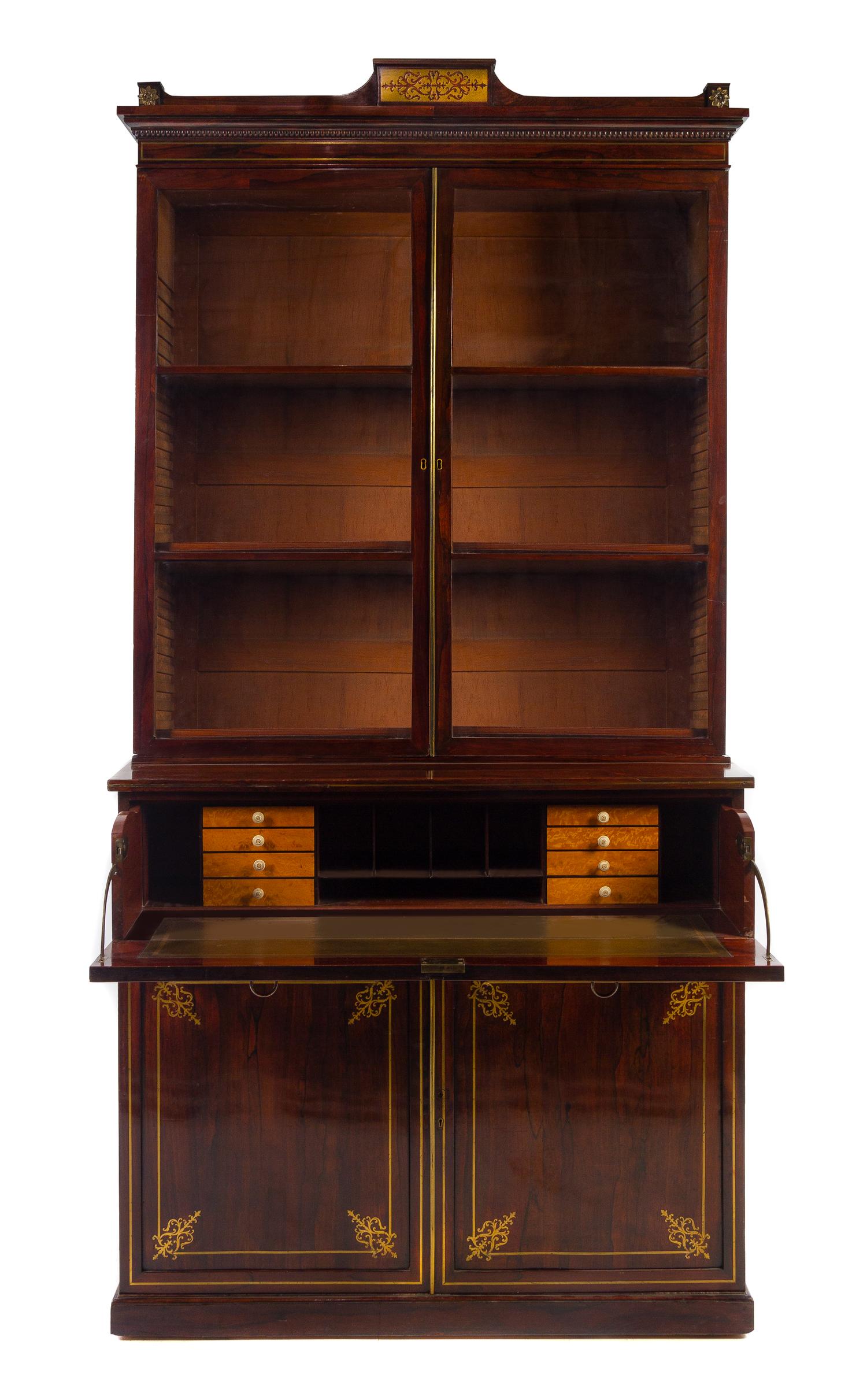 A Regency Brass Inlaid Rosewood Secretary Bookcase Height 95 3/8 x width 47 x depth 21 1/2 inches. — 19TH CENTURY