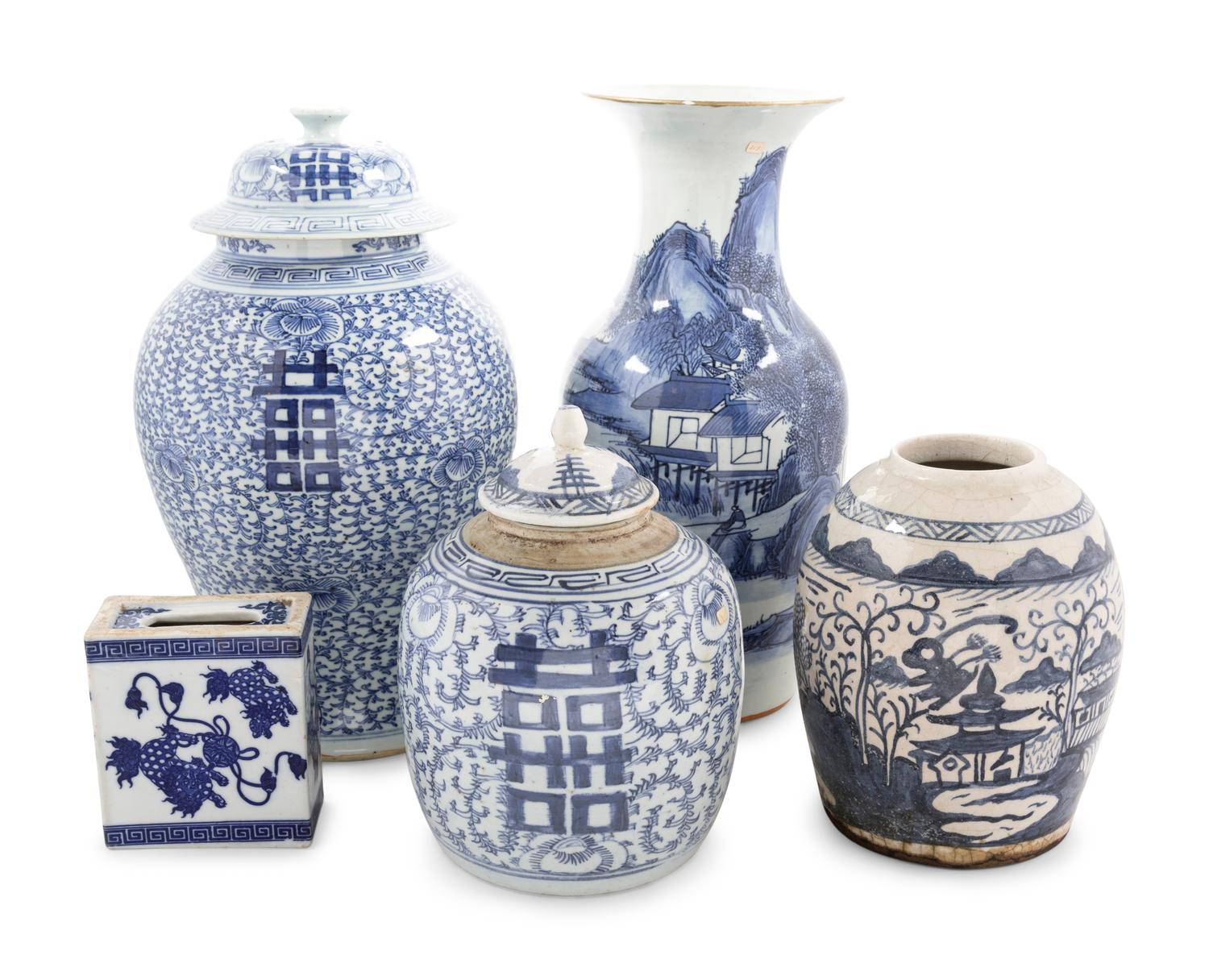 Five Chinese Blue and White Porcelain Articles