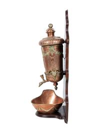 A French Copper and Brass Lavabo and Basin with an Oak Bracket