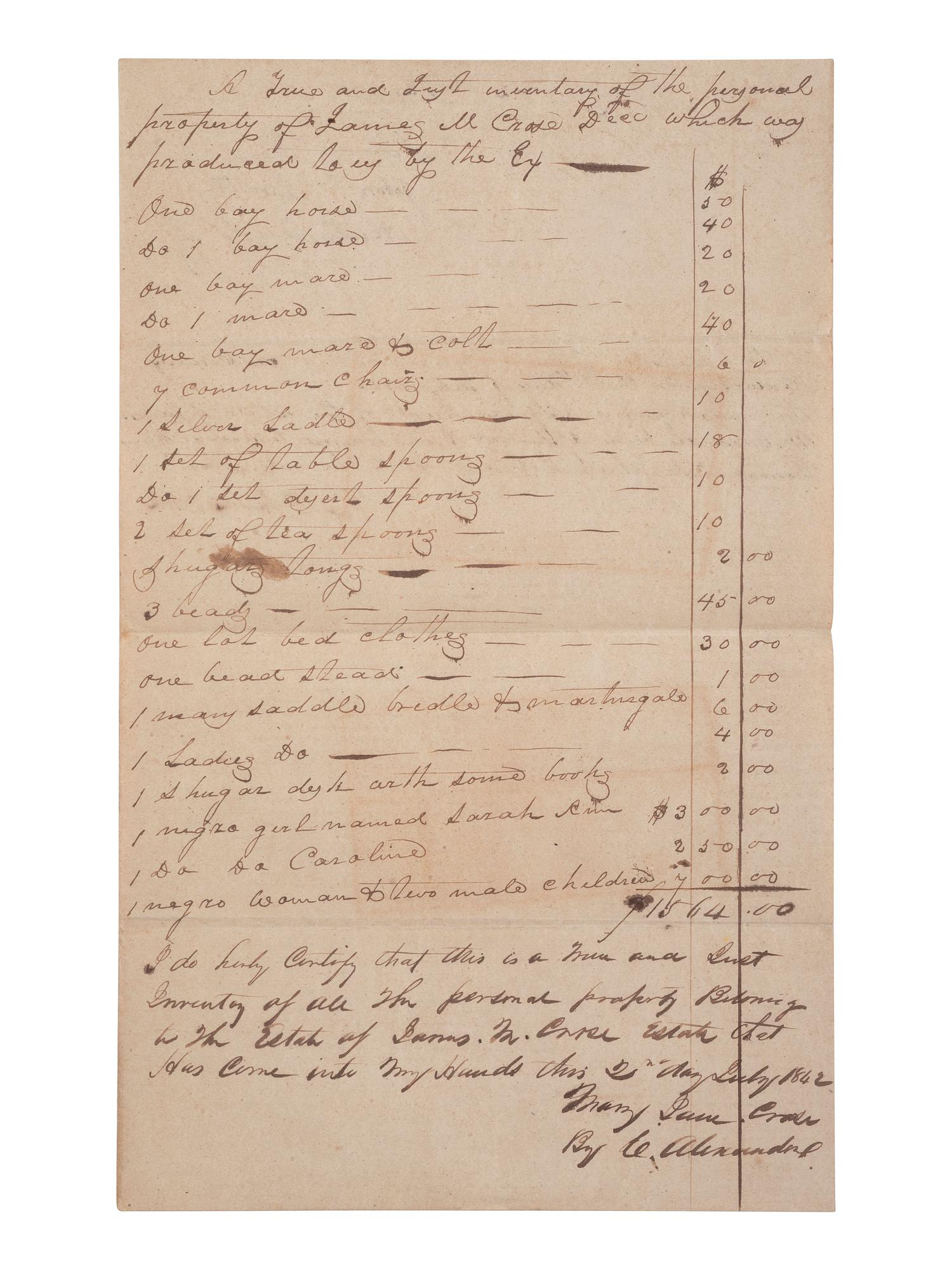 [ENSLAVEMENT & ABOLITION]. A group of 6 estate documents listing individual enslaved persons, most by name. [Bourbon County, KY]. 1831-1861.