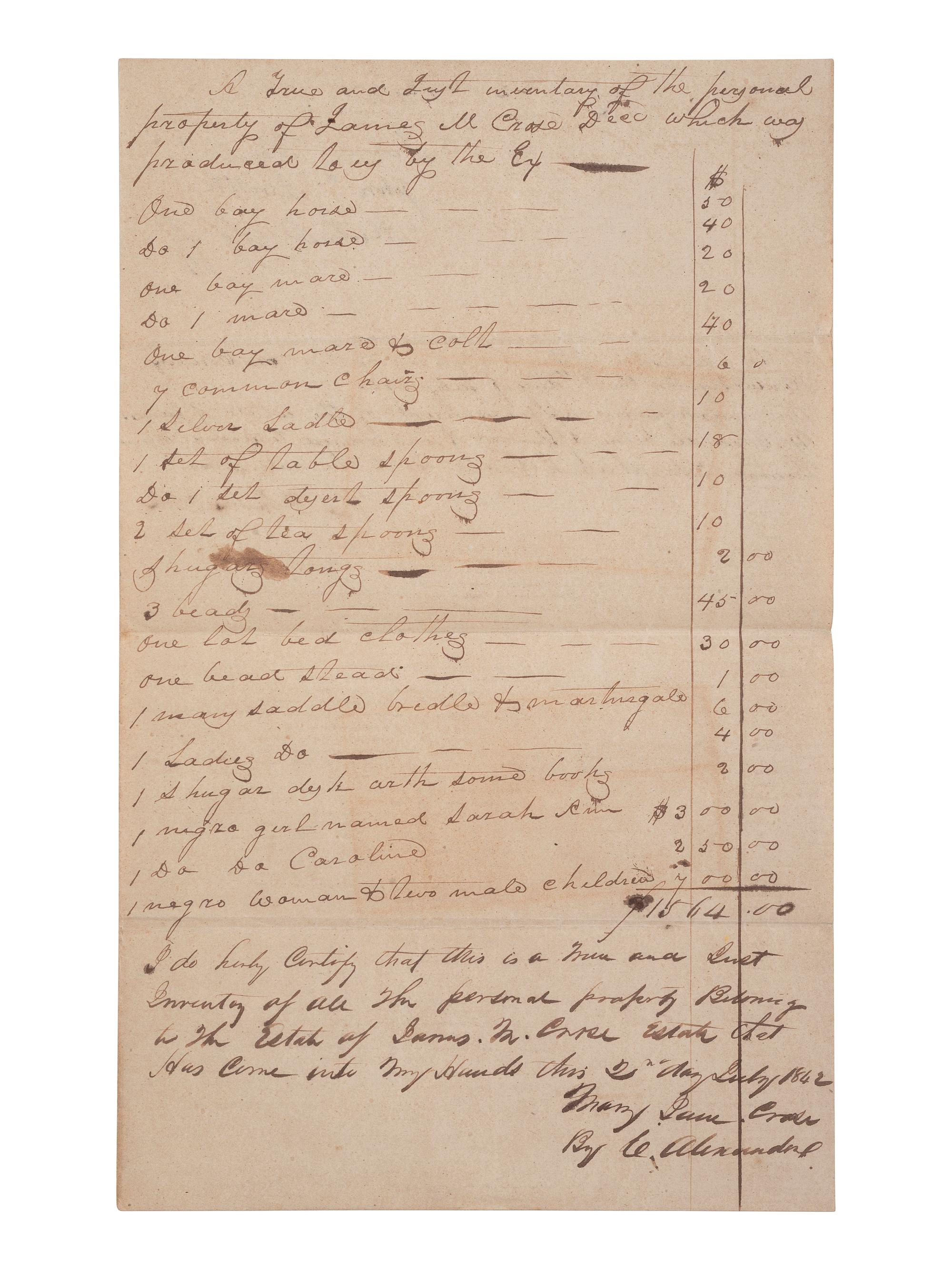 [ENSLAVEMENT & ABOLITION]. A group of 6 estate documents listing individual enslaved persons, most by name. [Bourbon County, KY]. 1831-1861.