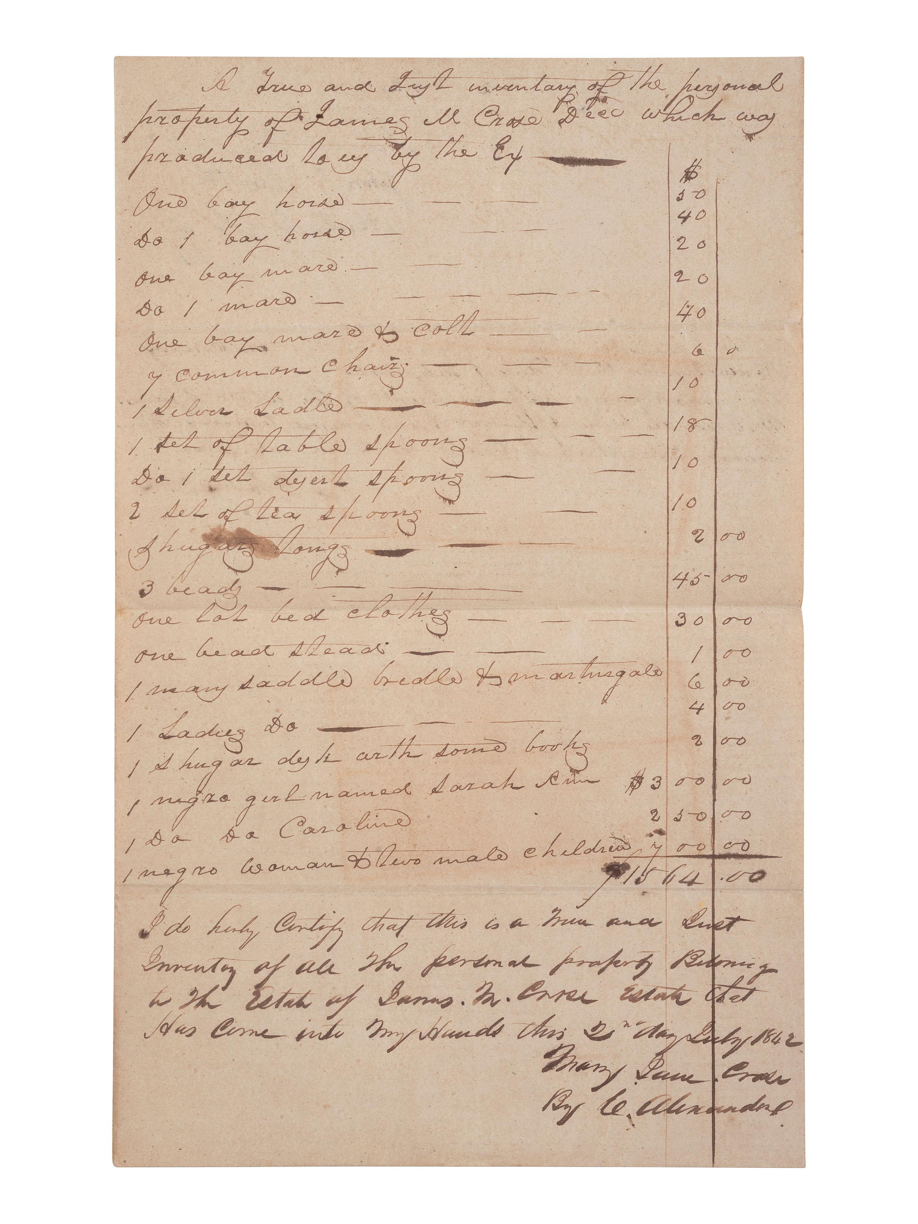 [ENSLAVEMENT & ABOLITION]. A group of 6 estate documents listing individual enslaved persons, most by name. [Bourbon County, KY]. 1831-1861.