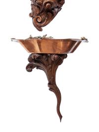 A French Copper and Brass Lavabo and Basin Set in a Carved Oak Bracket