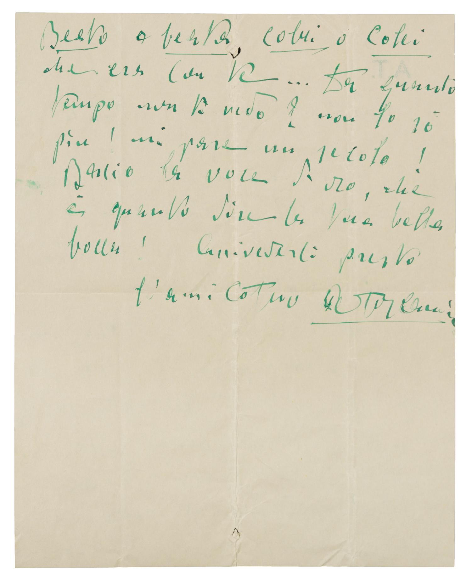 TOSCANINI, Arturo. Autographed letter signed ("A. Toscanini"), in Italian, to Natalia Danesi Murray, n.p., n.d. [New York, 3 May 1941].