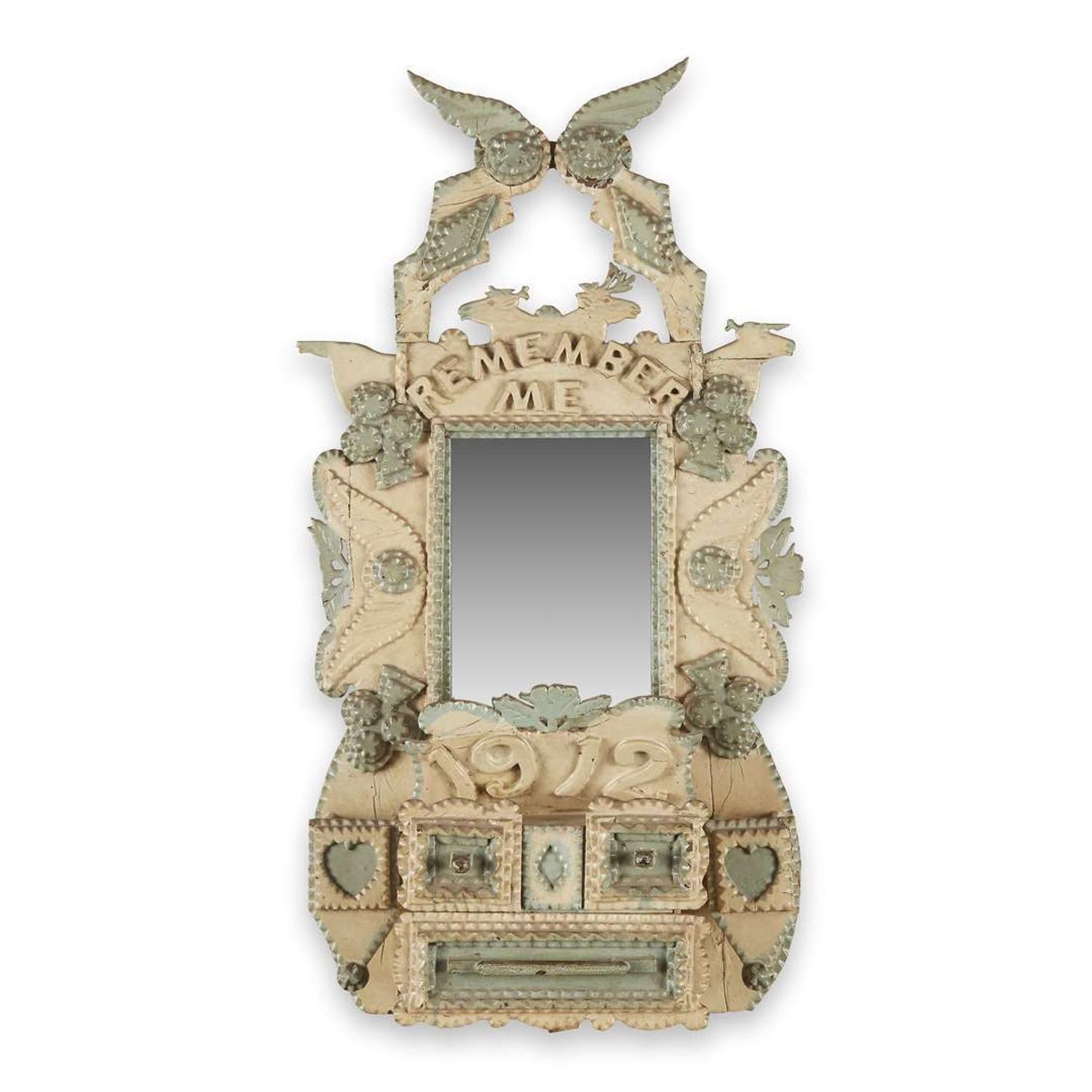 Painted Tramp Art wall box and mirror inscribed, "Remember Me" and dated, "1912"