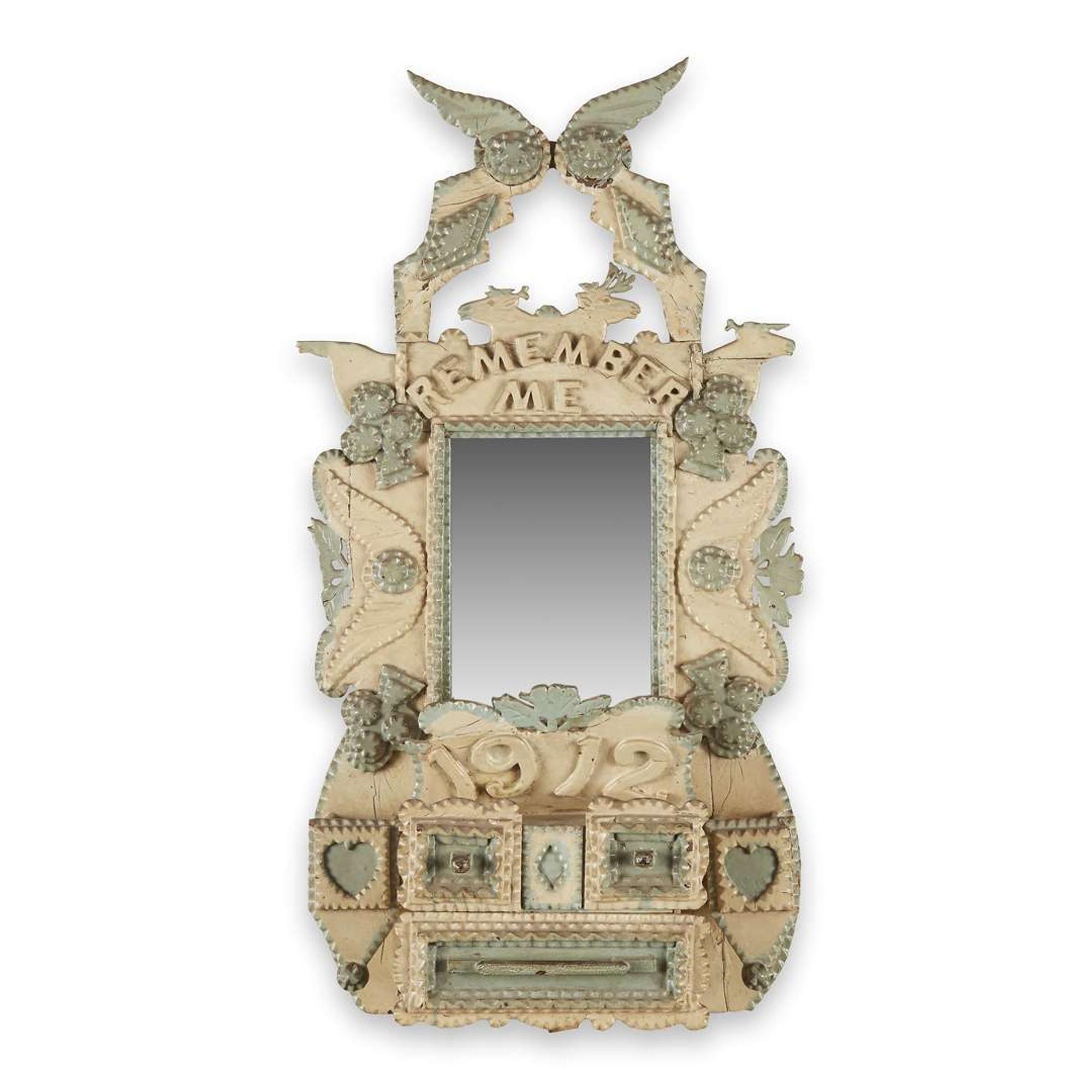 Painted Tramp Art wall box and mirror inscribed, "Remember Me" and dated, "1912"