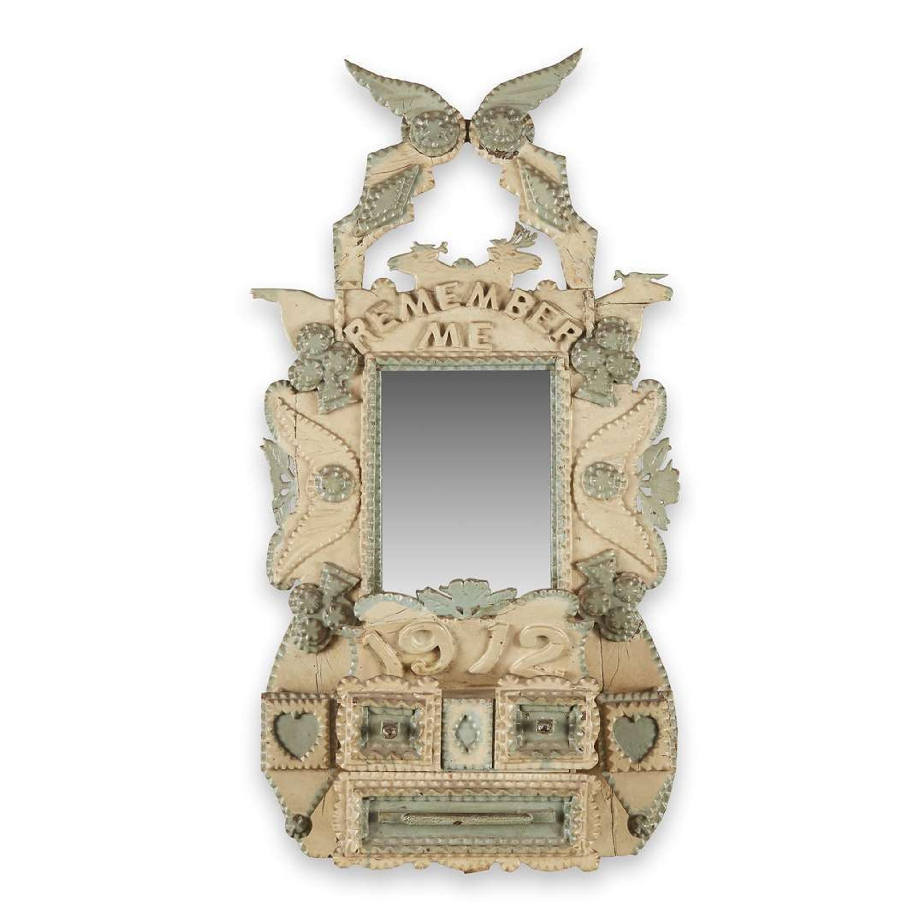 Painted Tramp Art wall box and mirror inscribed, "Remember Me" and dated, "1912"