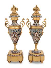 A Pair of French Gilt Bronze and Champlevé Enamel Urns