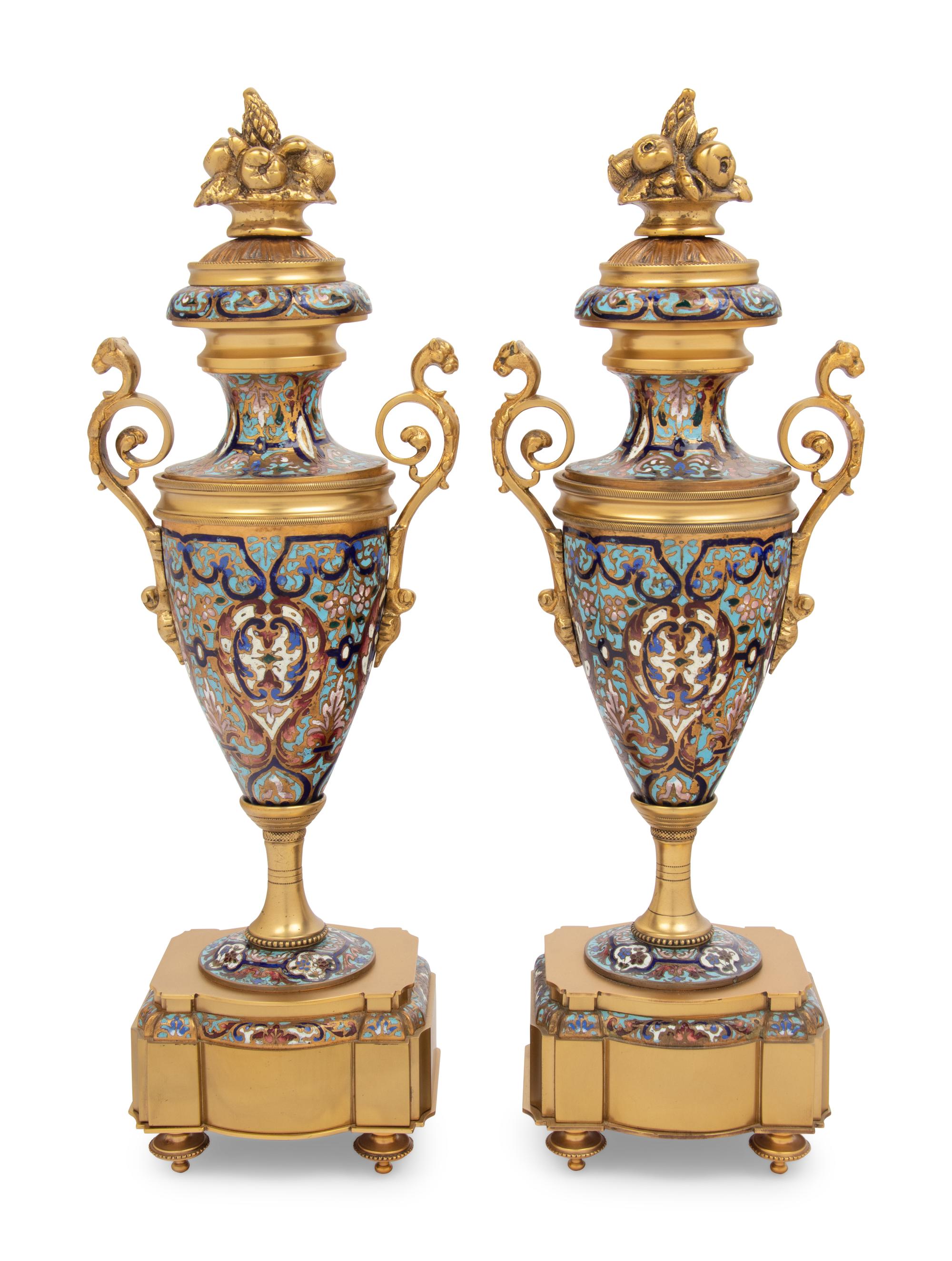 A Pair of French Gilt Bronze and Champlevé Enamel Urns