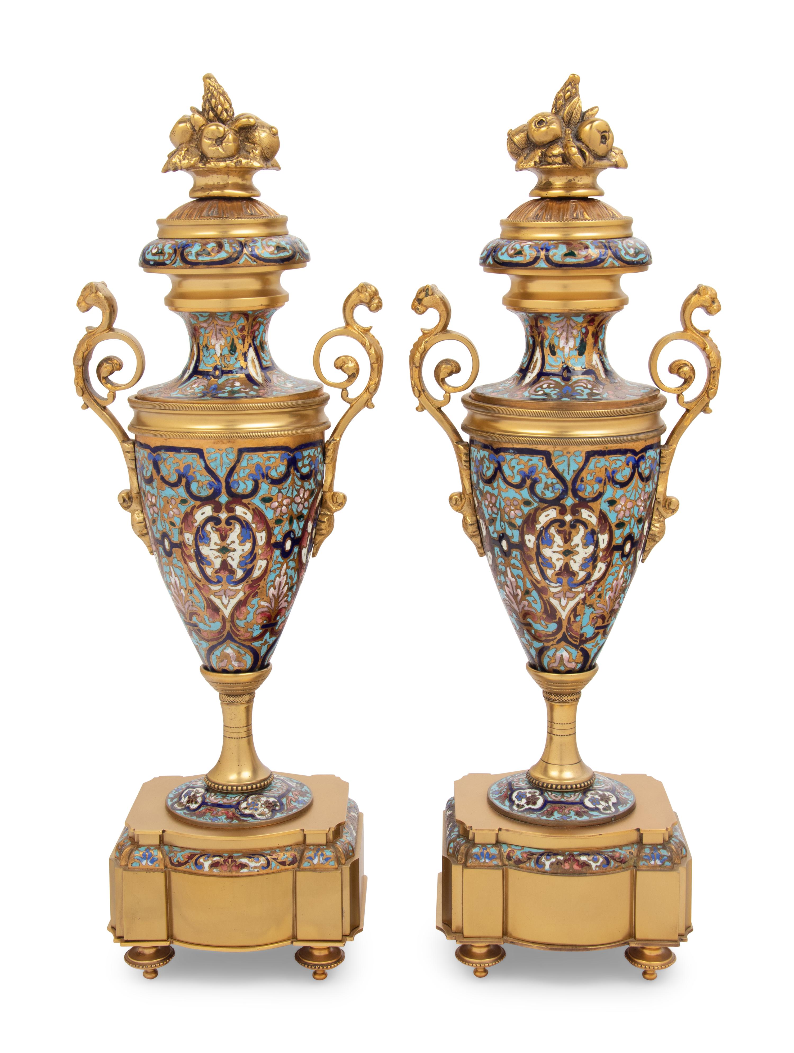 A Pair of French Gilt Bronze and Champlevé Enamel Urns