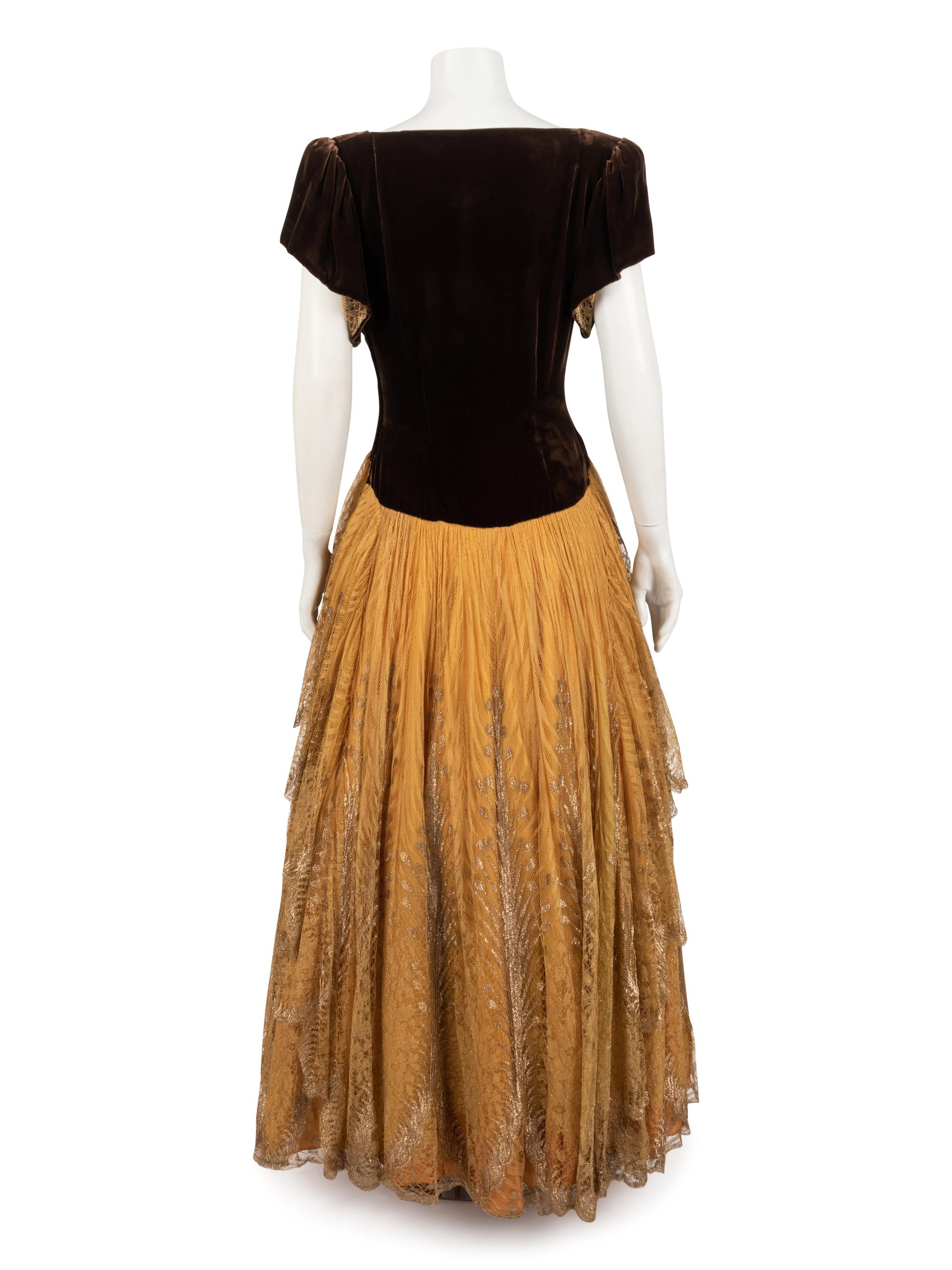 Velvet and Net Lace Evening Dress, 1940s