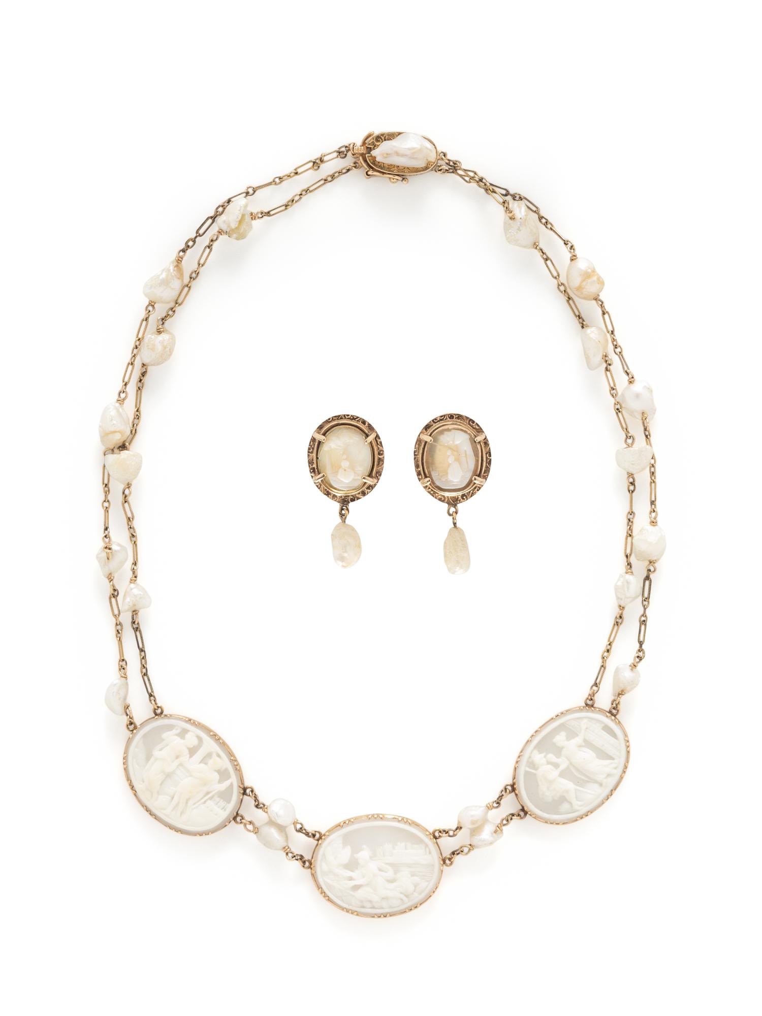 CAMEO, BAROQUE CULTURED PEARL, AND YELLOW GOLD DEMI PARURE