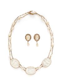 CAMEO, BAROQUE CULTURED PEARL, AND YELLOW GOLD DEMI PARURE