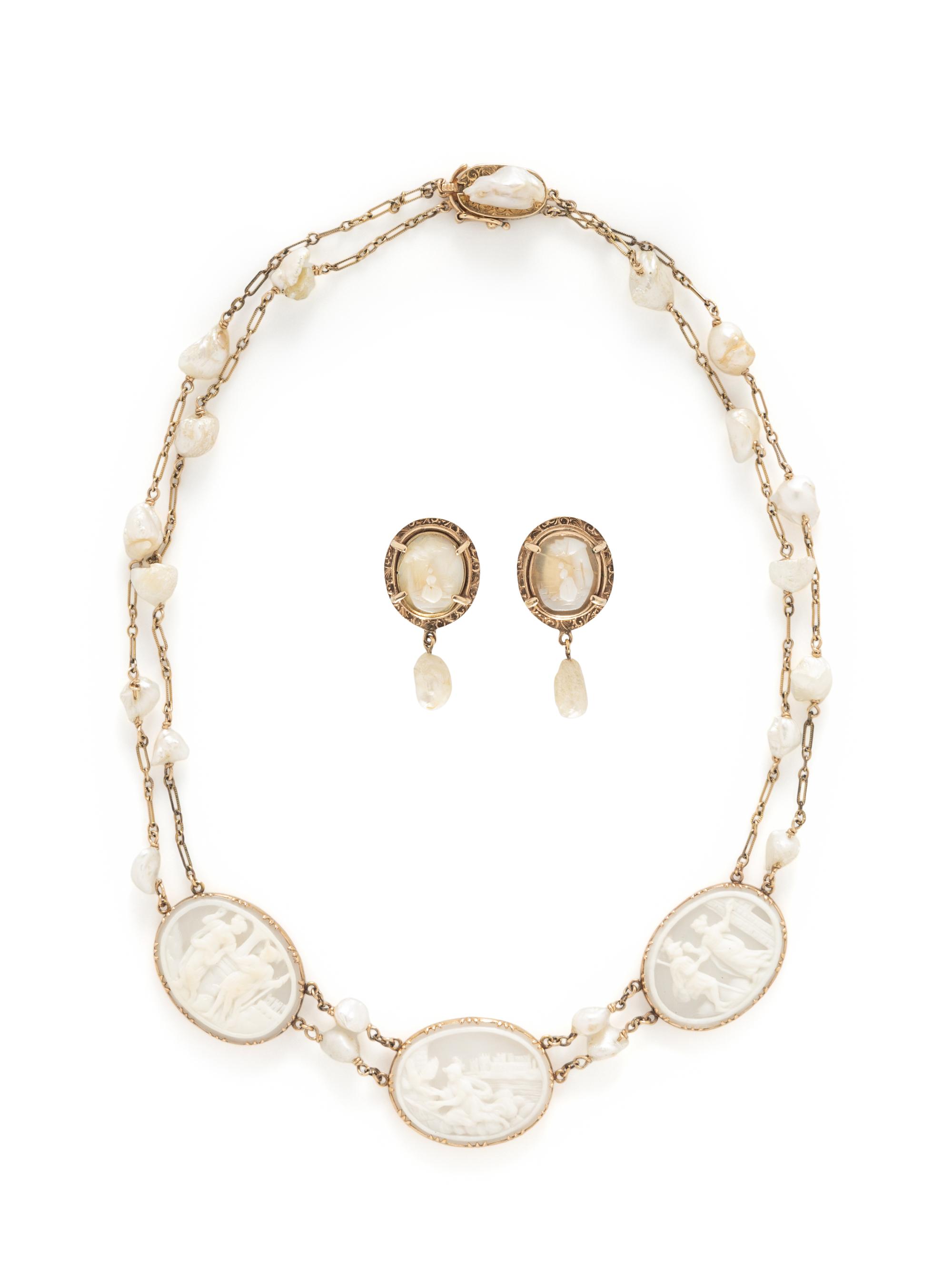 CAMEO, BAROQUE CULTURED PEARL, AND YELLOW GOLD DEMI PARURE