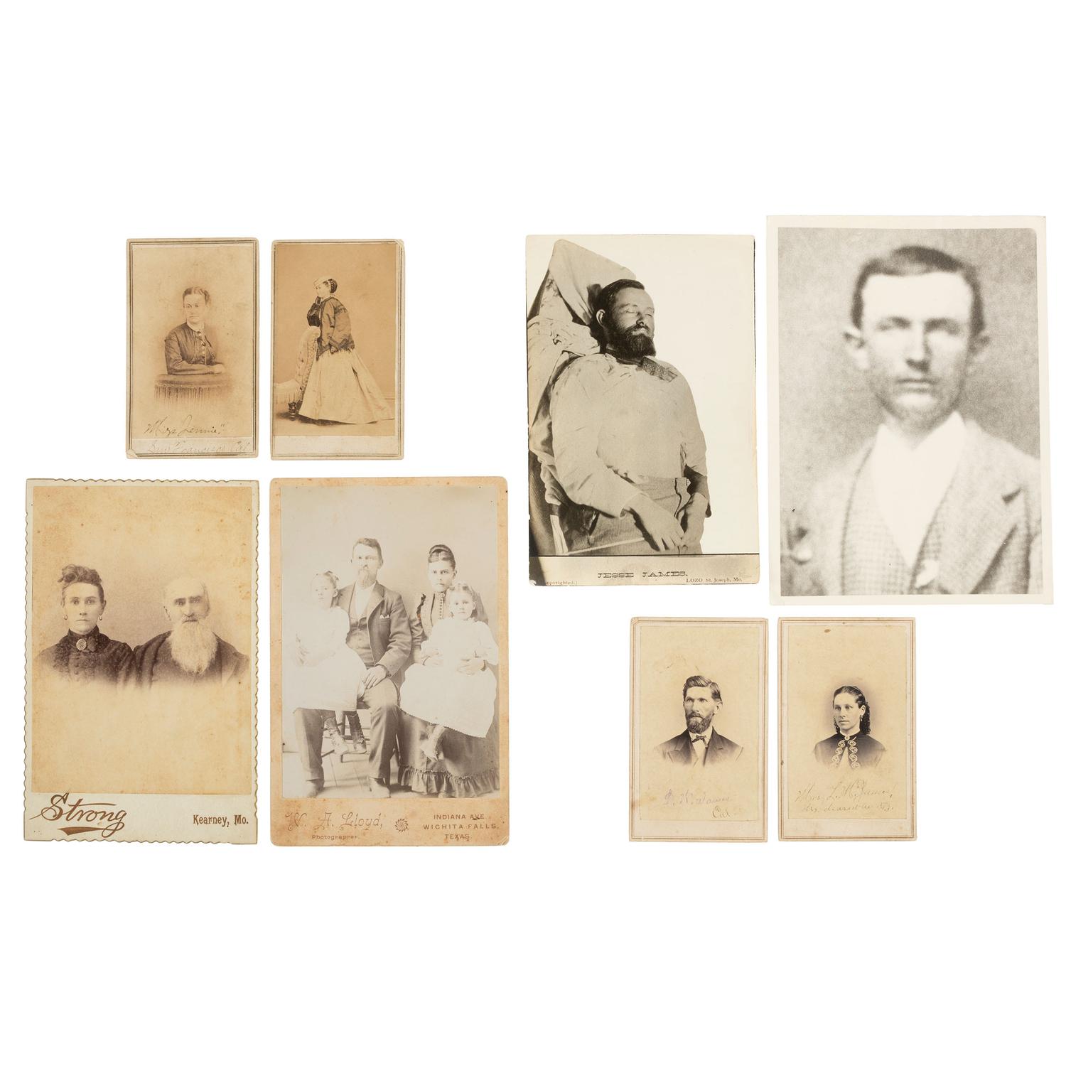 Western Outlaws [JAMES, Jesse (1847-1882)]. Collection of photographs of family members of Frank and Jesse James, incl. display featuring cabinet card photographs of their mother Zerelda James.