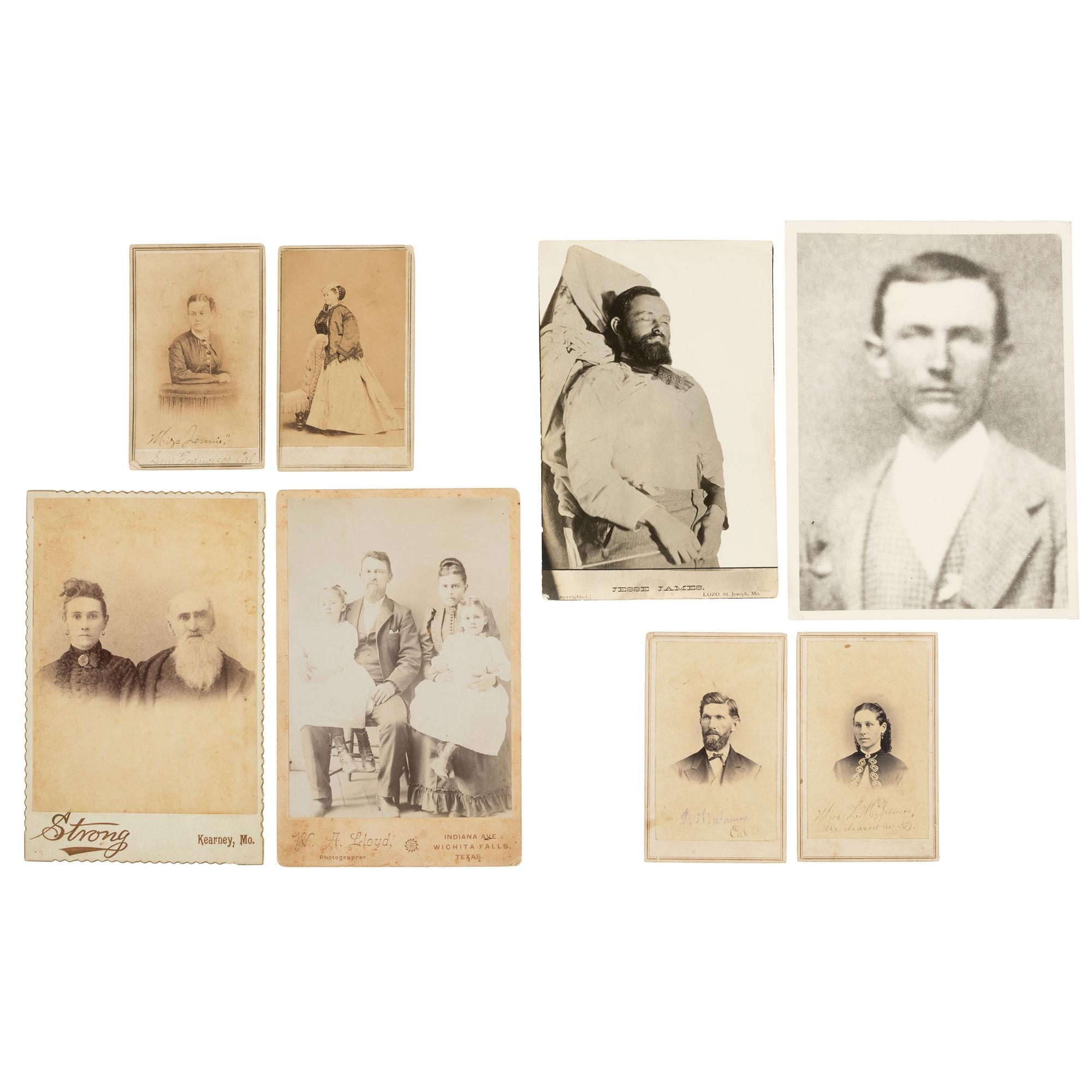 Western Outlaws [JAMES, Jesse (1847-1882)]. Collection of photographs of family members of Frank and Jesse James, incl. display featuring cabinet card photographs of their mother Zerelda James.