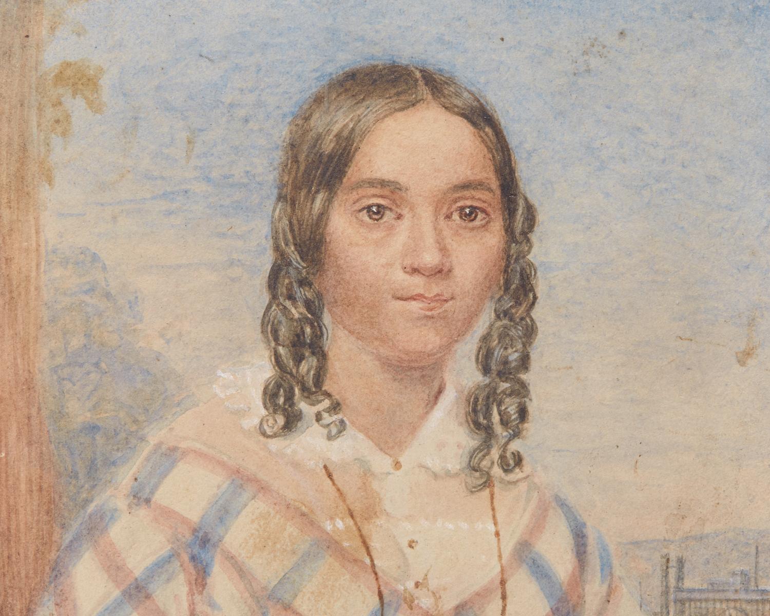 American School 19th Century, A Portrait Miniature of a Young Girl with Steamboat in Background