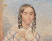 American School 19th Century, A Portrait Miniature of a Young Girl with Steamboat in Background