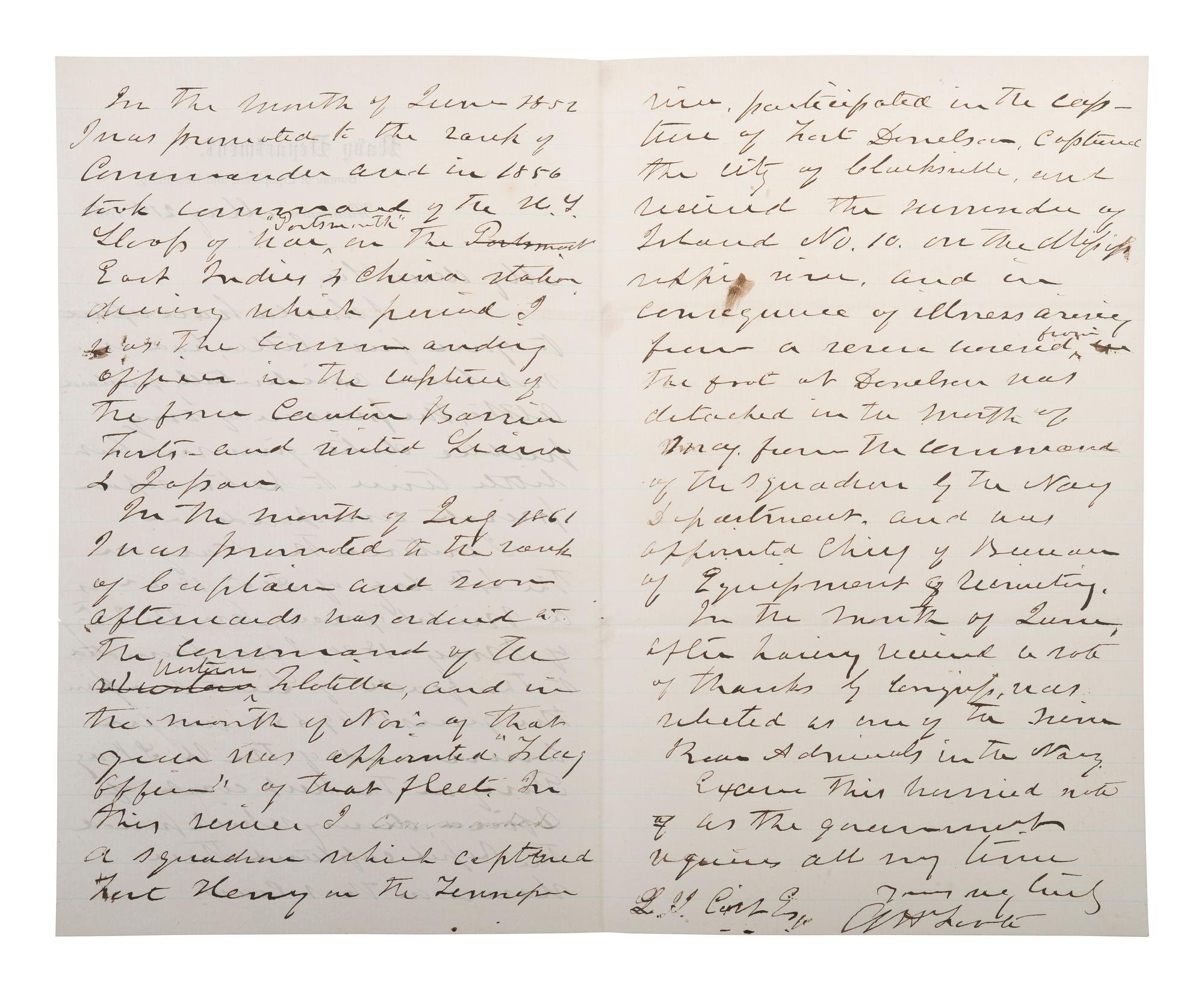 [CIVIL WAR]. FOOTE, Andrew H. (1906-1863). Autograph letter signed ("A.H. Foote"). Washington, [DC], 21 May 1863.
