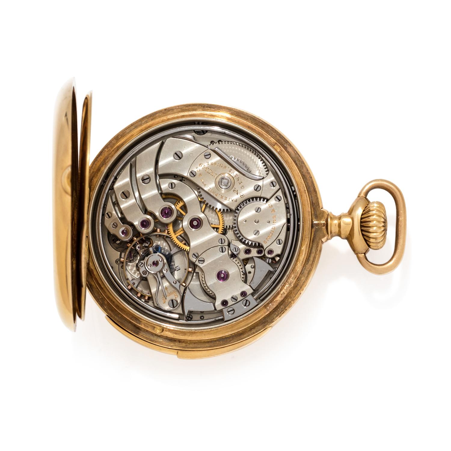 PATEK PHILIPPE, SPAULDING & CO., 18K YELLOW GOLD MINUTE REPEATER OPEN FACE POCKET WATCH, 1906