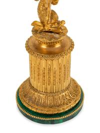 A Pair of Continental Gilt Bronze Figural Five-Light Candelabra with Malachite Veneered Bases