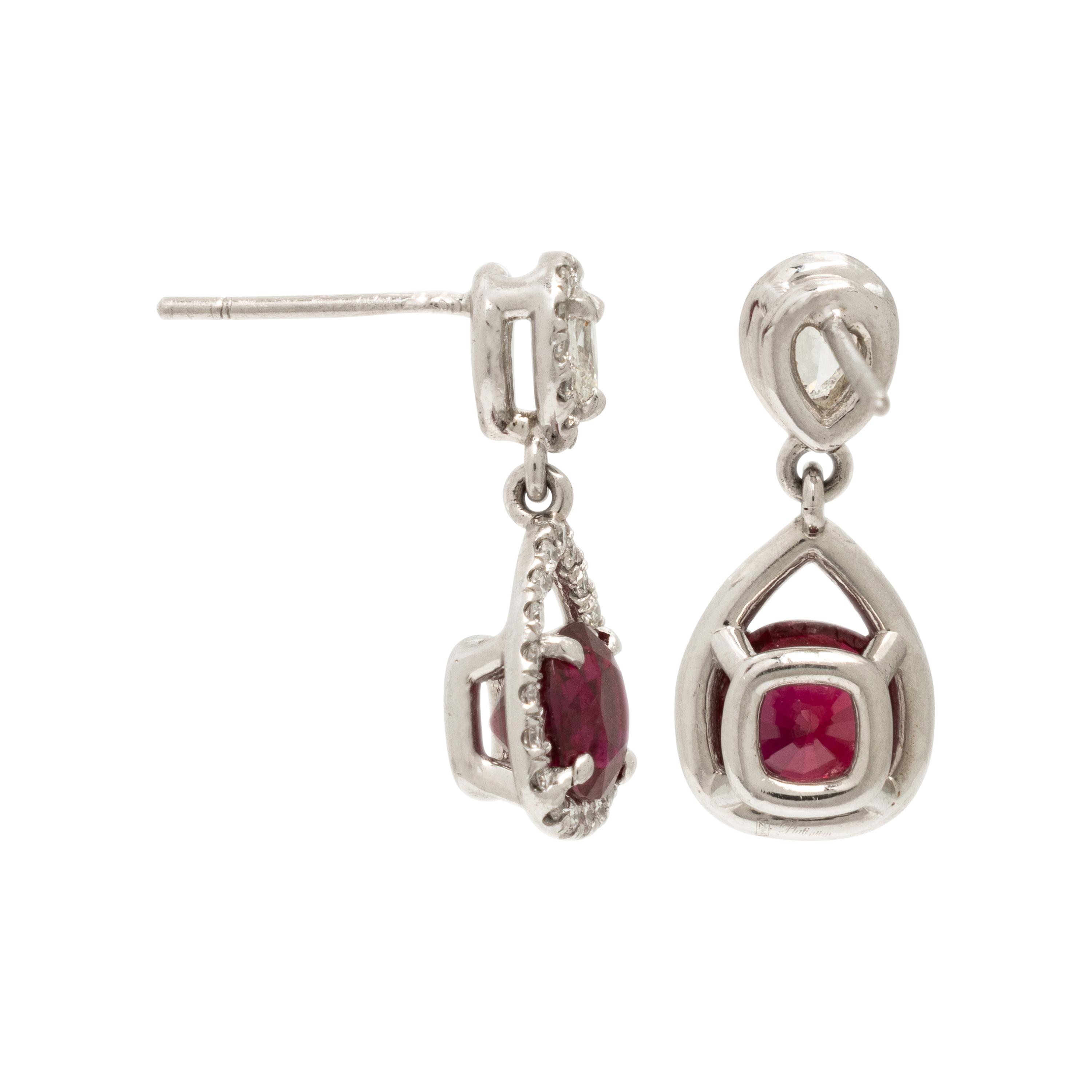 Burmese Ruby, Diamond, and Platinum Earrings