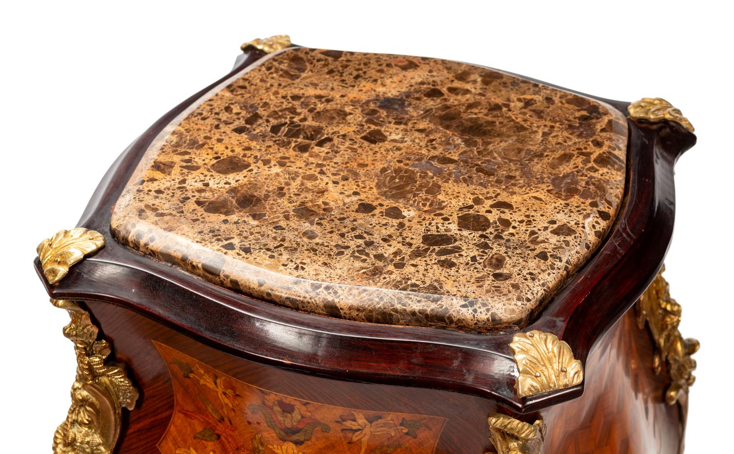 A Pair of Louis XV Style Gilt Metal Mounted Marquetry Pedestals