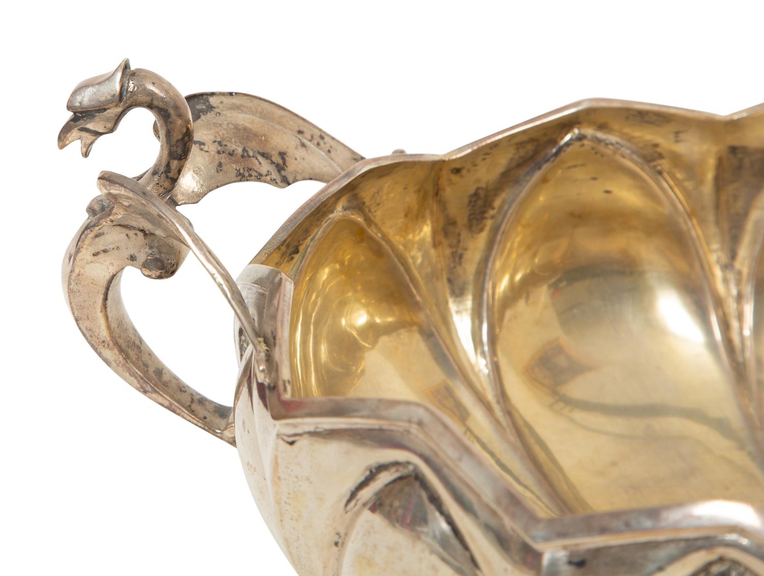 A Continental Silver Plate Bowl with Dragon-Form Handles
