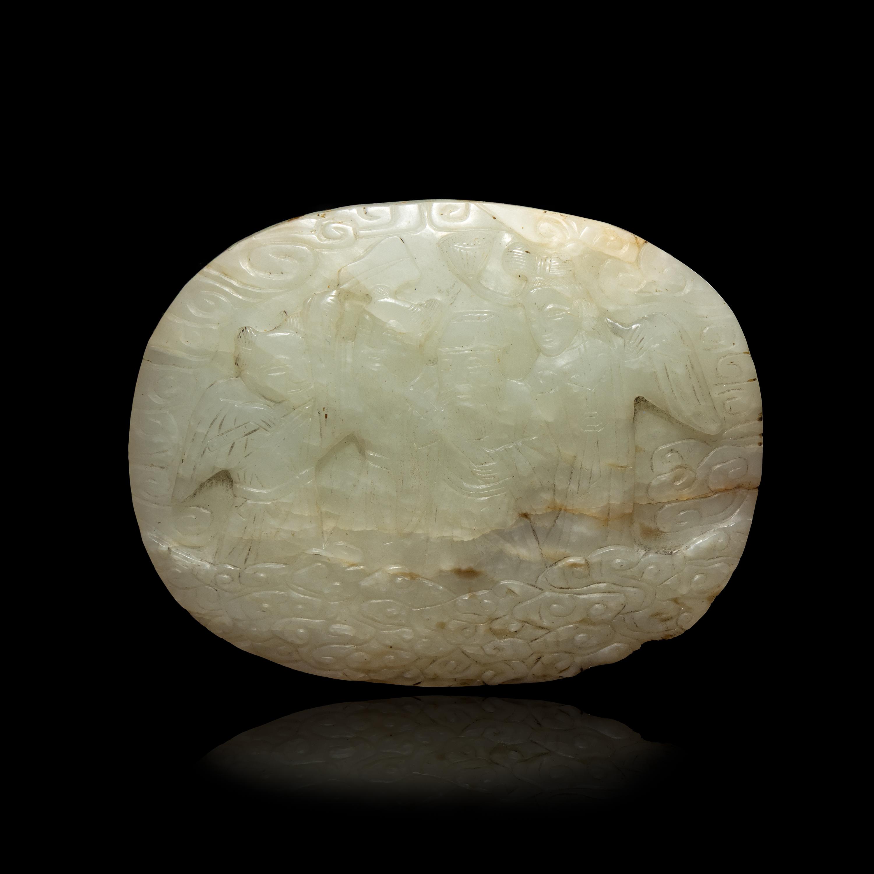 A Chinese Pale Celadon Jade 'Immortals' Pebble, Late 19th-Mid 20th Century 晚清-民國 青白玉刻神仙圖如意頭