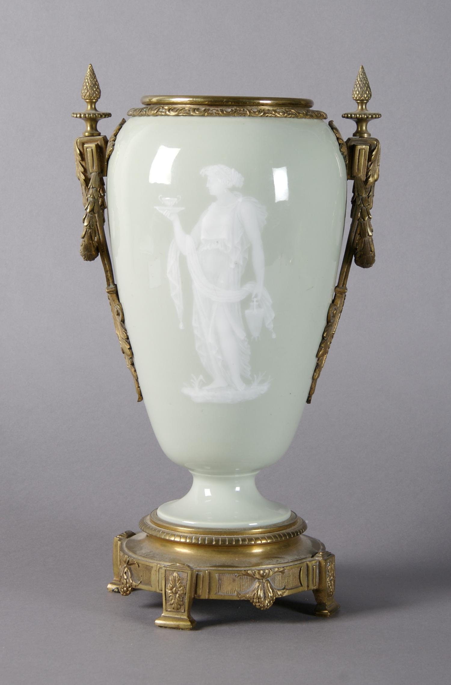 A Continental Gilt Bronze Mounted Pate-sur-Pate Urn, Height 14 1/2 inches.